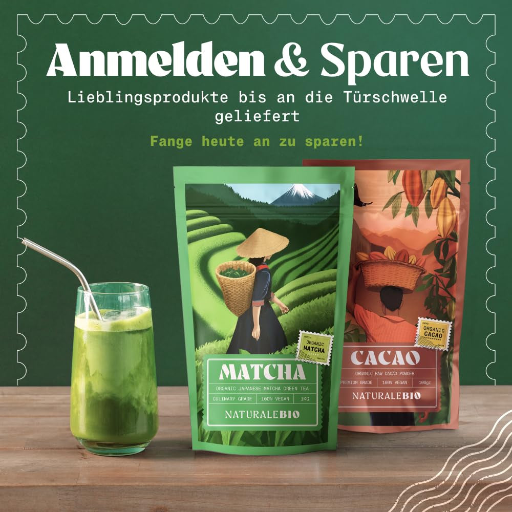 Naturalebio BIO Thé vert en poudre 100 g. Pour la cuisine et la pâtisserie. Matcha japonais original. Thé vert du Japon, vegan, sans gluten et sans OGM. Produit biologique naturel.
