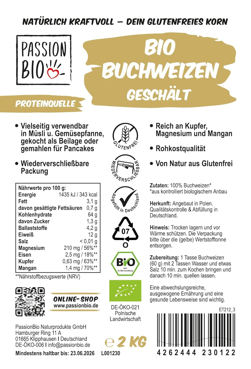 PassionBio sarrasin bio 2 kg - emballage refermable - qualité crudité