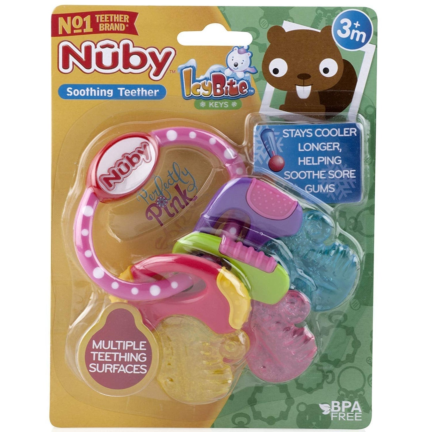 L'anneau de dentition Nuby pour bébés favorise la vue et la motricité ; le jouet de préhension de gel glacé atteint même les molaires ; à partir de 4 mois