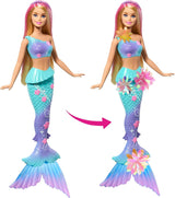 Barbie Meerjungfrauen-Spielzeug Puppe mit magischer Überraschungs Blüte, Schwanzflosse mit Farbverlauf, perlesnbesetzten Hair et long blonden Hair mit rosa Strehchen, JDM72