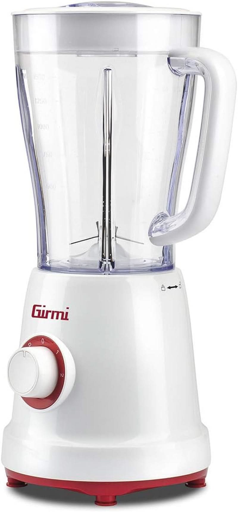 Girmi FR46 Mélangeur électrique, 1,5 litre, 2 vitesses avec fonction impulsion, 4 plaques de cuisson, plateau de mesure, balance avec balance, système de sécurité, blanc/rouge Kitchen Naty Shop