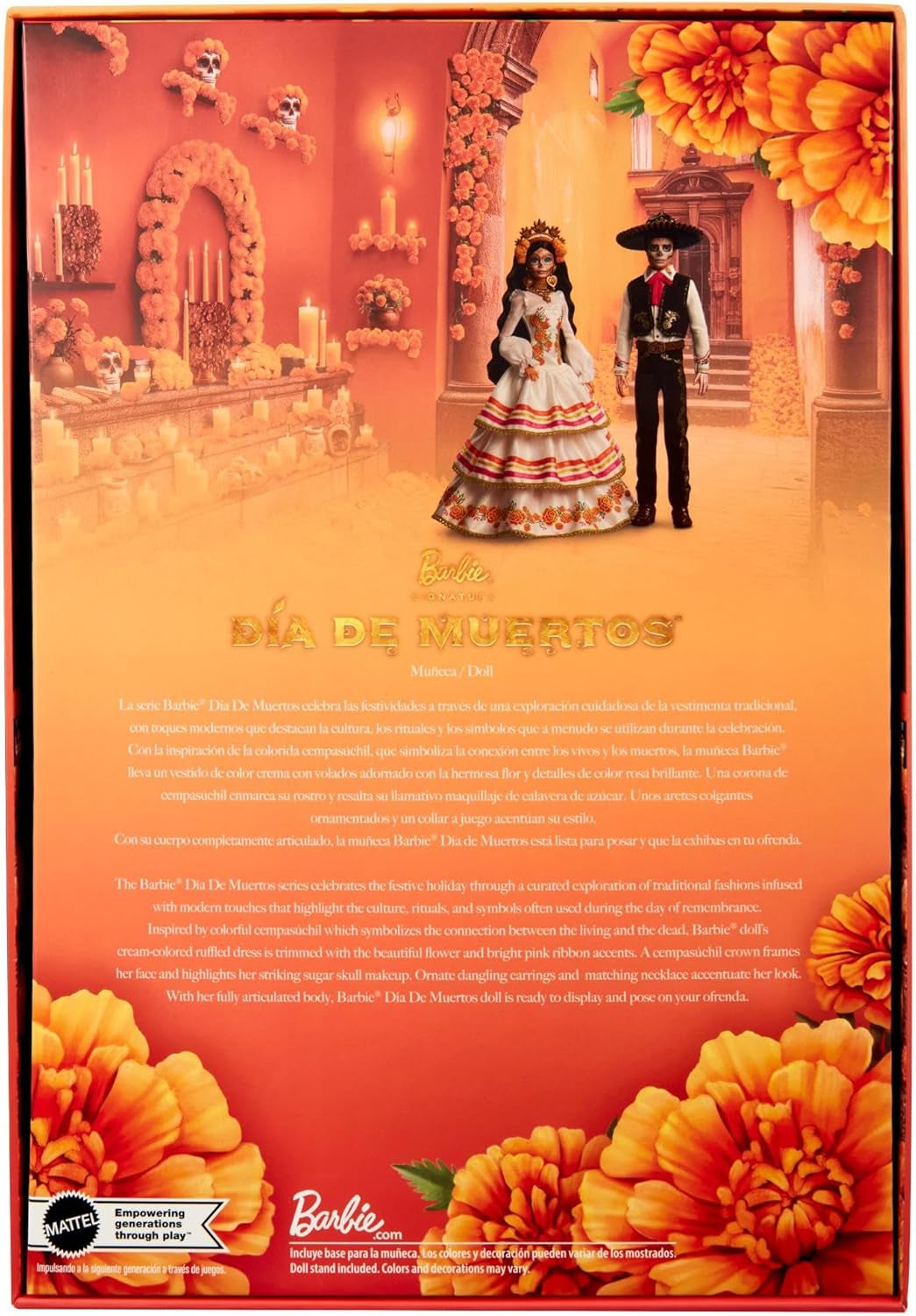 Barbie Signature Day of the Dead 2025 - Figurine de collection en robe crème avec volants, soucis et nœuds, couronne de fleurs dans les cheveux et peinture pour le visage Calavera, JBJ05