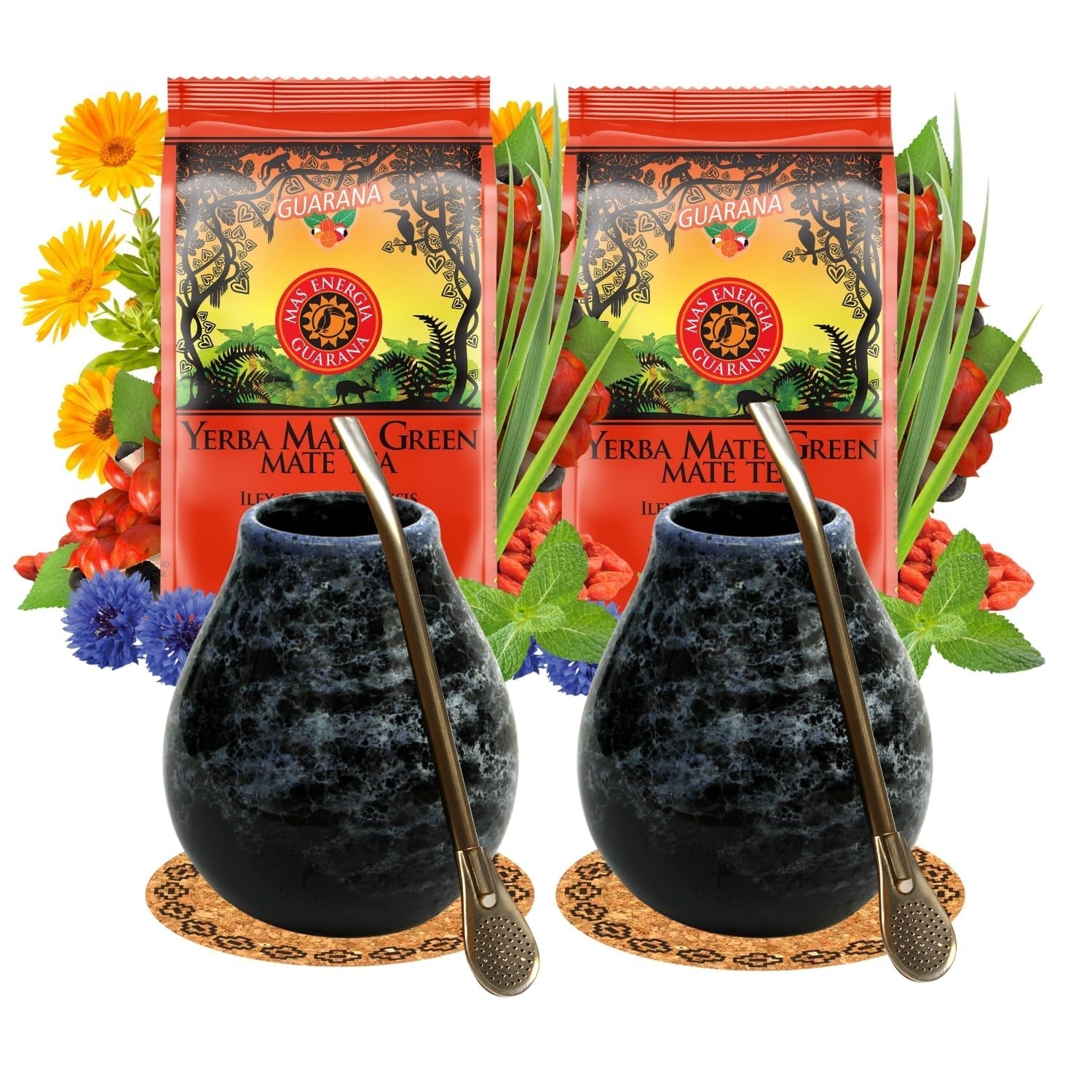 Service à thé Yerba Mate pour 2 personnes – Mas Energia Guarana 400 g – Mug en céramique Marmol Blue 350 ml – Bombilla en acier inoxydable 19 cm – Thé en vrac 2 x 200 g