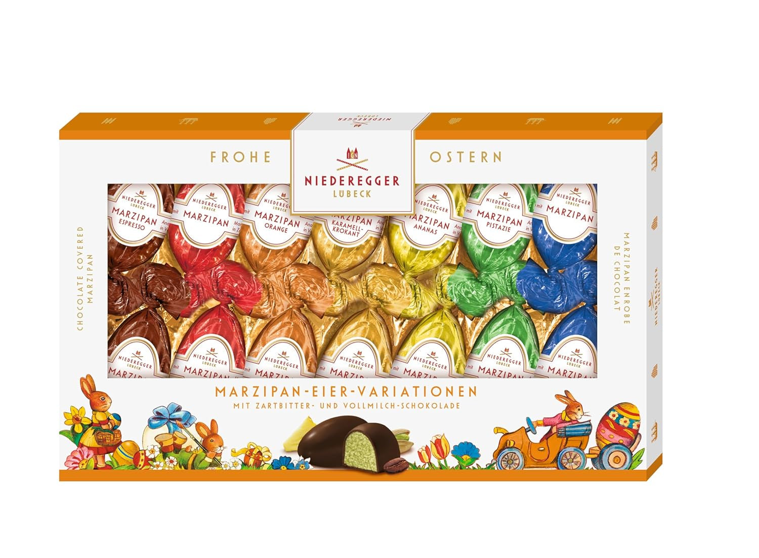 Niederegger | Œufs en pâte d'amande | 1x175g | Variantes : Classique, Chocolat au lait, Orange, Caramel Crunch, Ananas, Expresso et Pistache | Enrobé de chocolat noir et au lait | Cadeau de Pâques