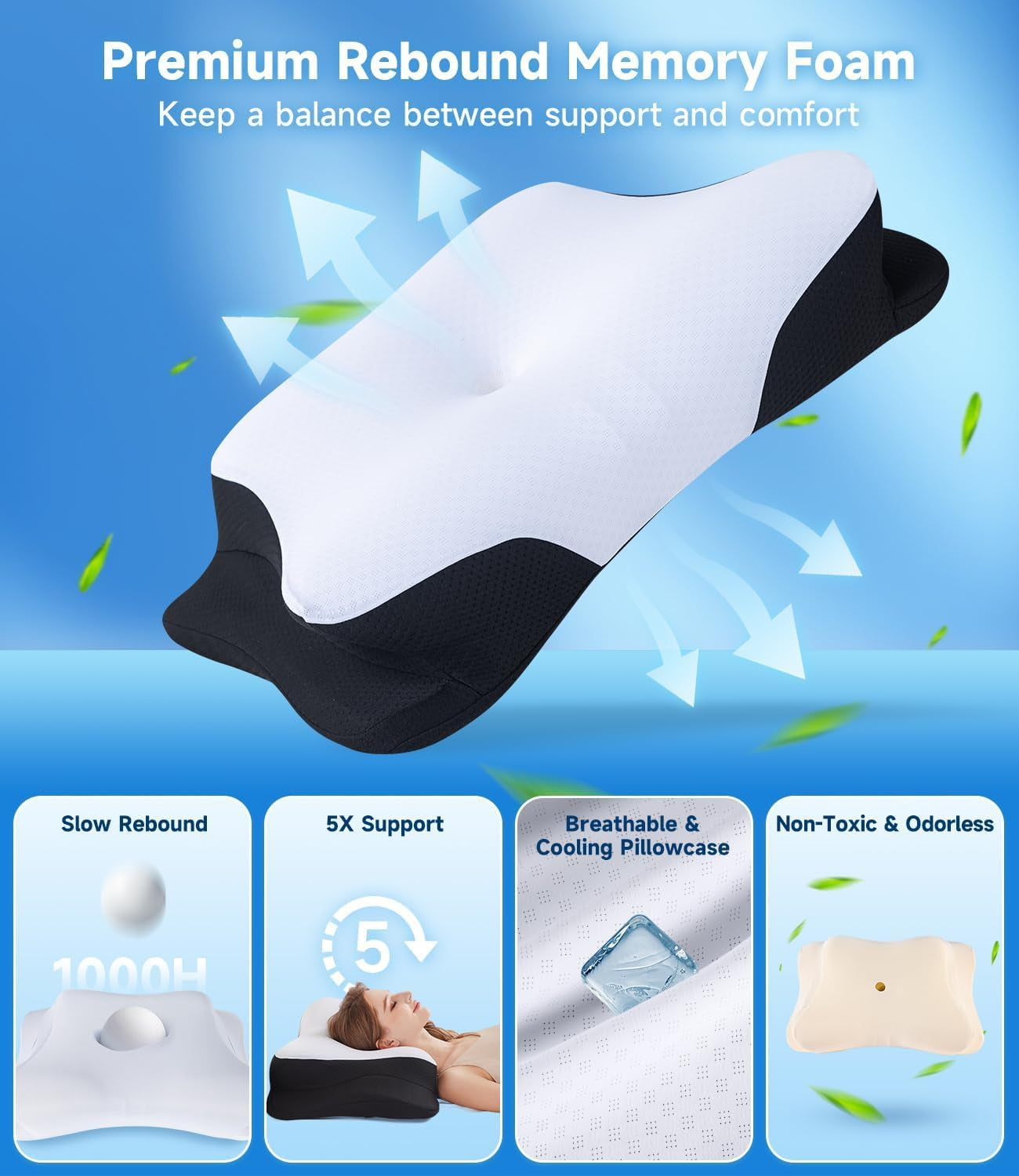 SUPA MODERNE Oreiller en Mousse à Mémoire Oreiller Rafraîchissant pour Dormeur Latéral 60X40 Orthopédique Côté Dos Ventre Cou Soulagement des Douleurs Cervicales Oreillers Cervicaux Orthopédiques Naty Shop