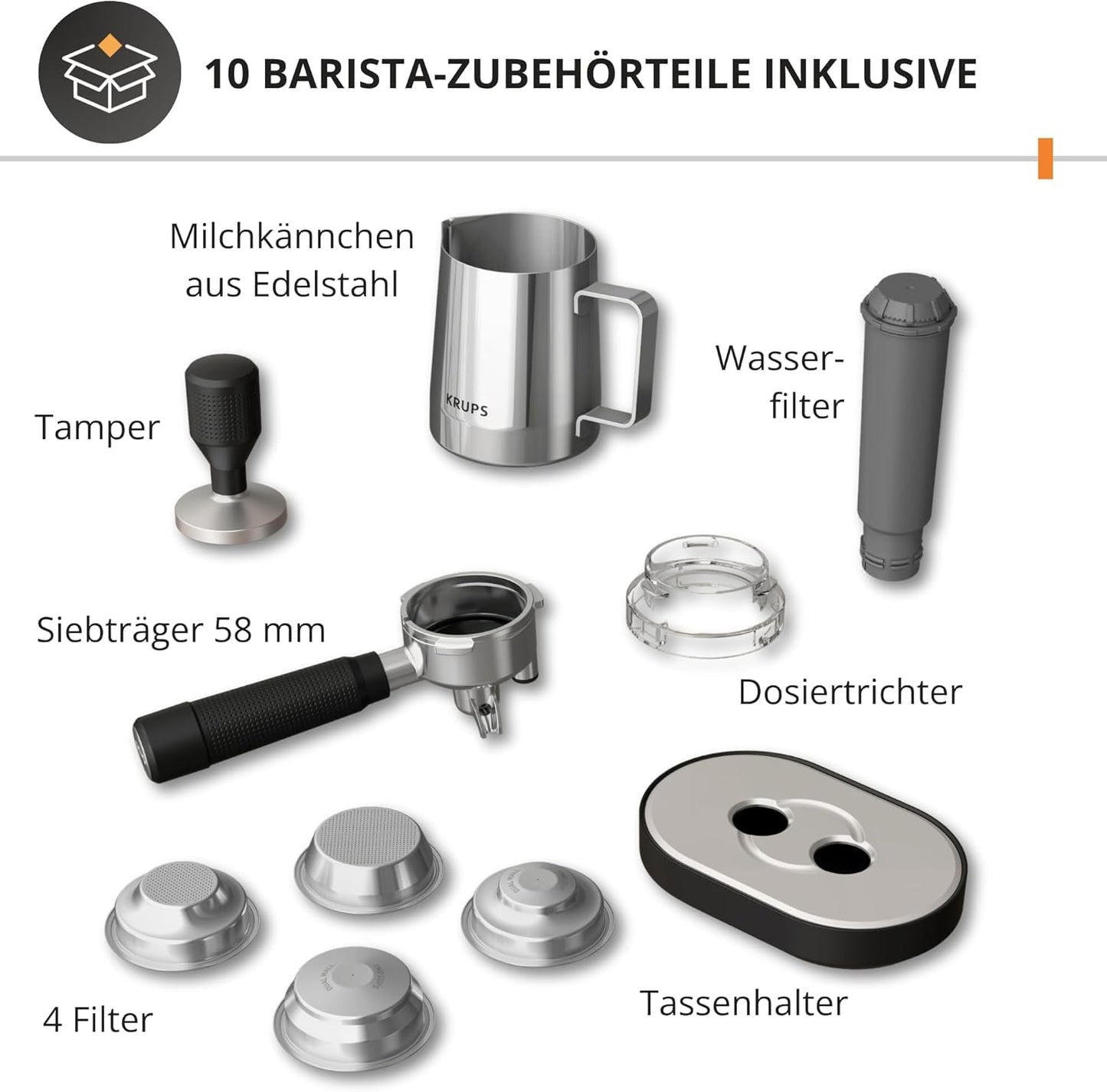 Machine à expresso manuelle Krups Precision avec porte-filtre et moulin, machine à café barista avec panneau de commande intuitif, réglages de pré-infusion, machine à expresso avec buse vapeur, chauffage rapide, XP801T10