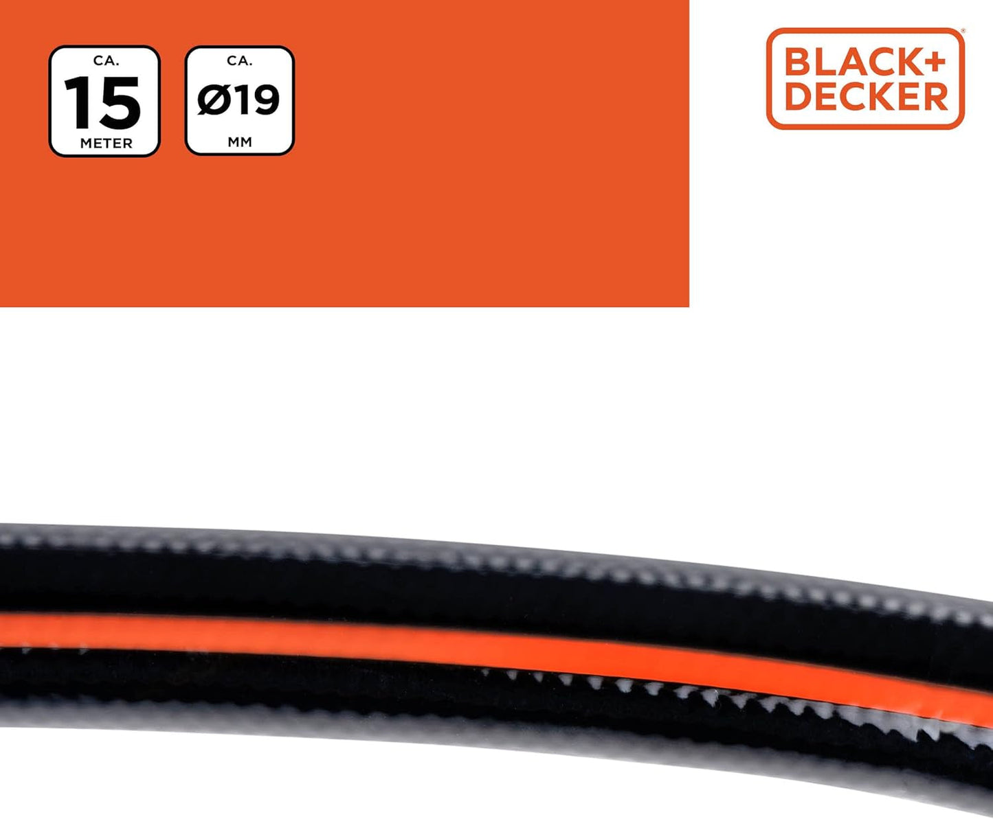Tuyau d'arrosage BLACK+DECKER 15 mètres - Ø19MM - PVC résistant - Arrosage du jardin, lavage de la voiture, remplissage de la piscine - Compatible avec tout robinet standard - Noir/Orange