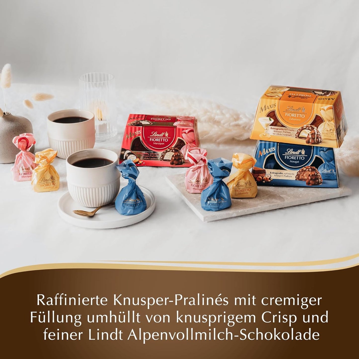 Chocolat Lindt | FIORETTO Coffret cadeau Zabaione | 138g | 6 pralines au chocolat au lait fourrées à la truffe Zabaione et topping croustillant, contenant de l'alcool | Cadeau chocolat