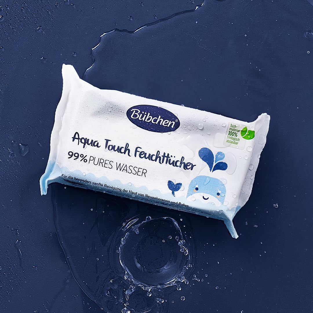 Bübchen Aqua Touch Lingettes humides pour bébé 144 pièces (3 x 48) - Lingettes pour soins de la peau sensible avec 99 % d'eau pure, lingettes humides pour nouveau-nés et bébés