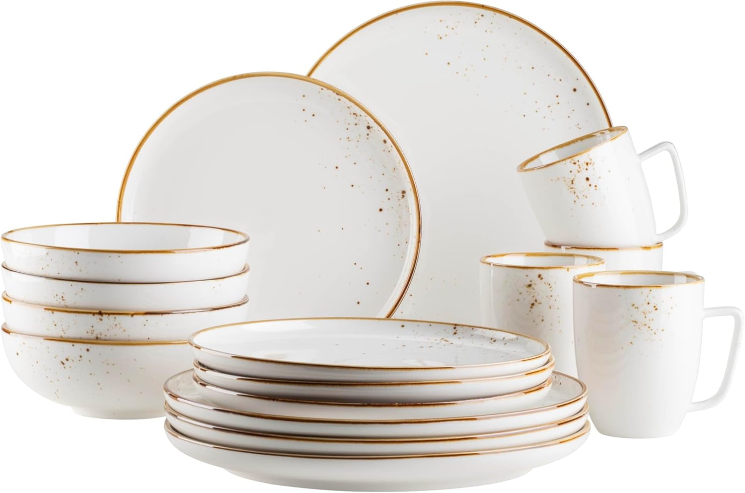 MÄSER Série Pintar Service de table de haute qualité pour 4 personnes, 16 pièces, vernis ouvert, taches brunes visuelles et bords fins, porcelaine d'aspect vintage fait à la main