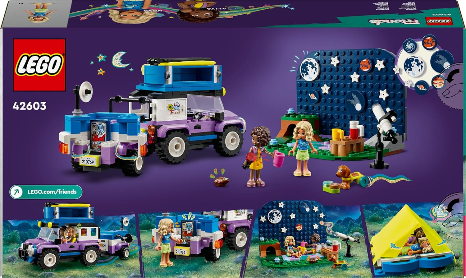 LEGO Friends Stargazer Camping Vehicle Set avec véhicule tout terrain et télescope jouet, cadeau pour filles et garçons à partir de 7 ans, avec figurines Nova, Aliya et un chien 42603 Jeux de construction Besuche den LEGO-Store