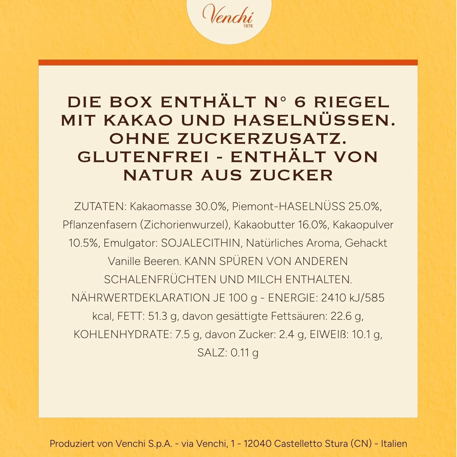 Venchi - Pack de 6 tablettes de chocolat noir aux noisettes, 600g - Sans sucre ajouté - Sans édulcorants artificiels - Sans gluten - Vegan - Idée cadeau
