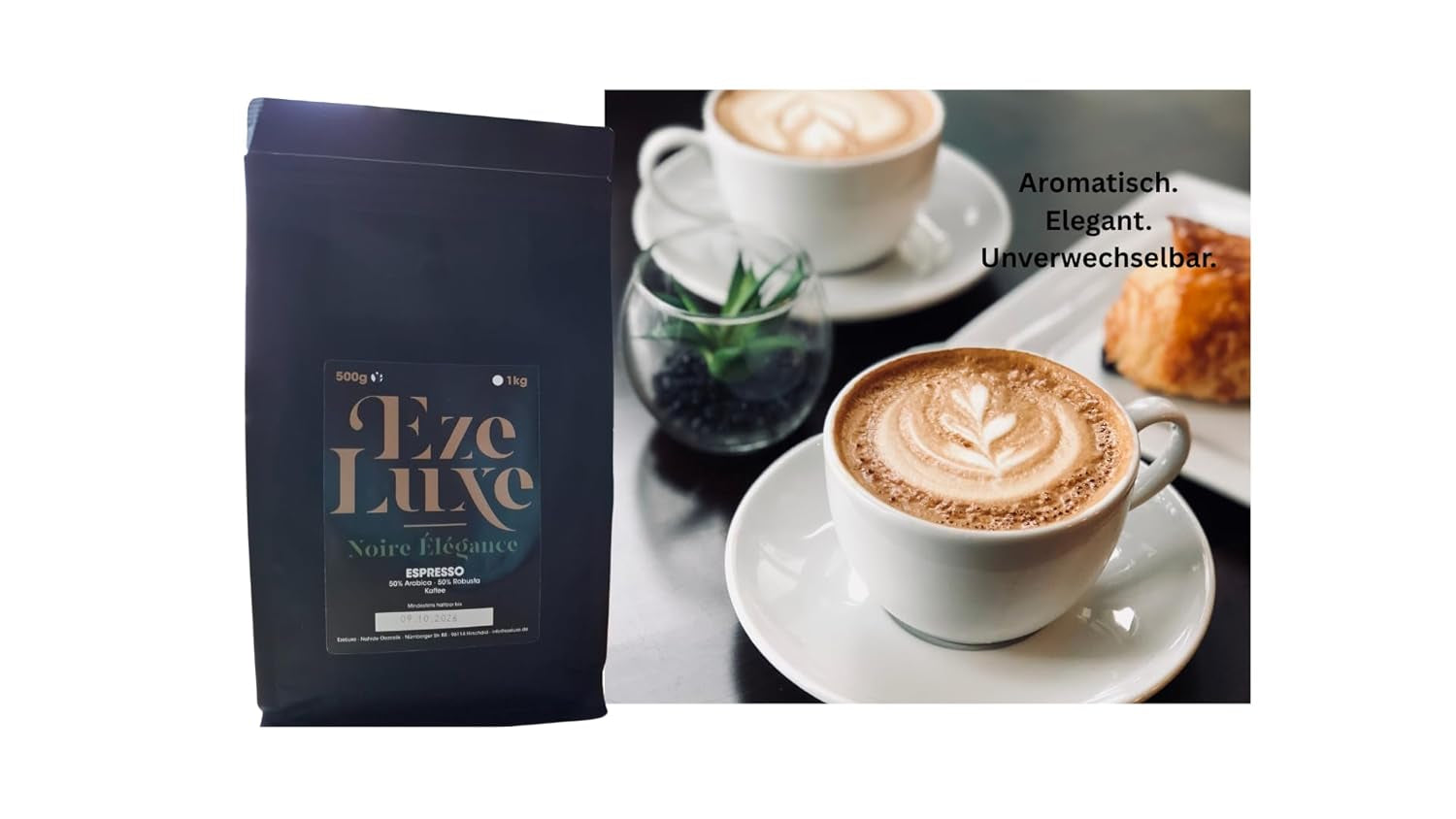 Café Espresso Noire Elégance 500g – 50% Arabica et 50% Robusta du Brésil et d'Inde – torréfaction moyenne, forte et crémeuse au chocolat noir – intensité 8 – incl. machine à expresso gratuite