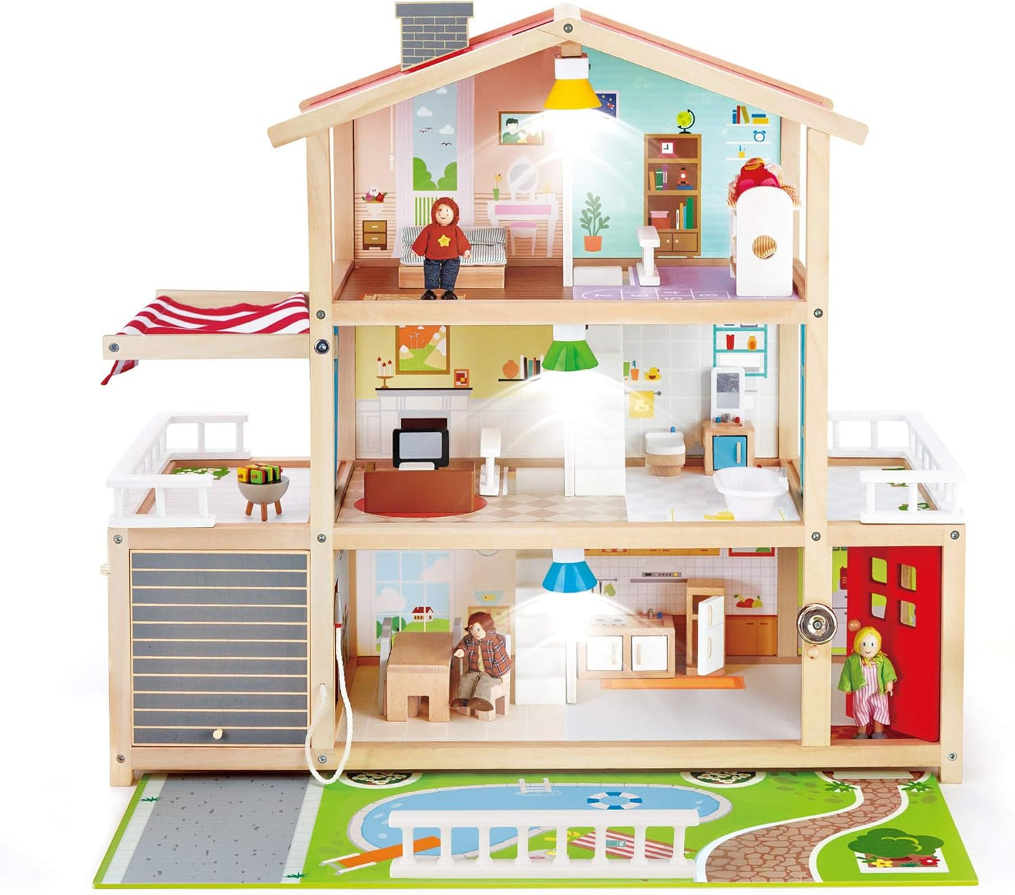 E3405 - Maison de poupée, Maison de poupée avec accessoires, en bois et E3500 - Famille de poupées, peau claire