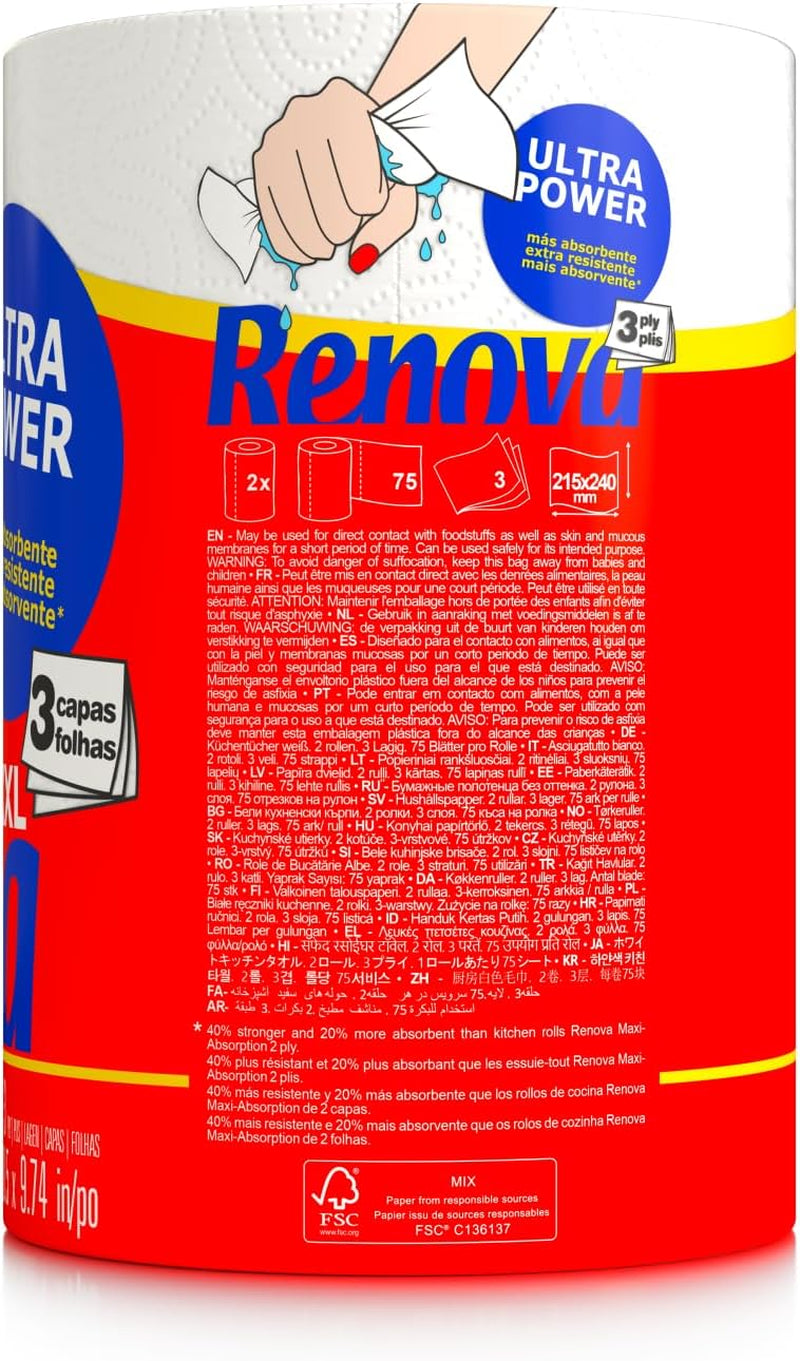 Rouleaux de cuisine Renova Renova Ultrapower | 24 rouleaux XXL = 60 rouleaux standards | 3 couches ultra-absorbantes et à résistance maximale | Papier certifié Fsc