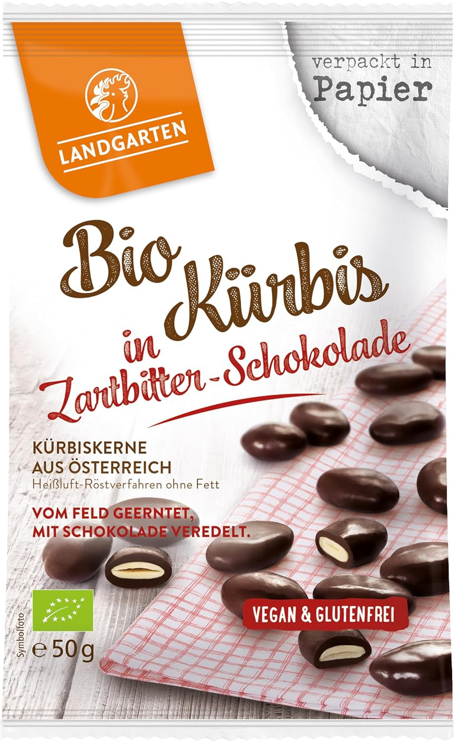 Landgarten Graines de citrouille biologiques au chocolat noir – Snack végétalien au chocolat aux graines de citrouille rôties – Source de magnésium – 1 x 50 g