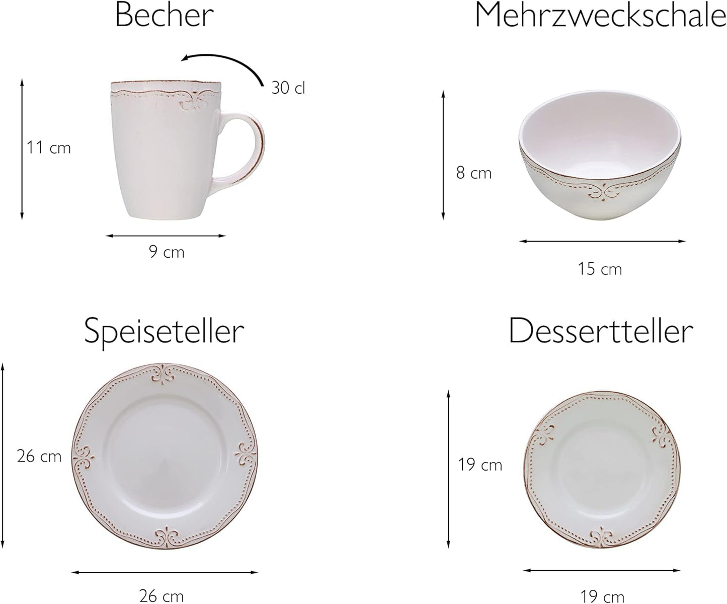 CreaTable, 23601, Série Romantic Vintage, Service de table 16 pièces pour 4 personnes, Service combiné en porcelaine, Passe au lave-vaisselle et au micro-ondes, Fabrication de qualité