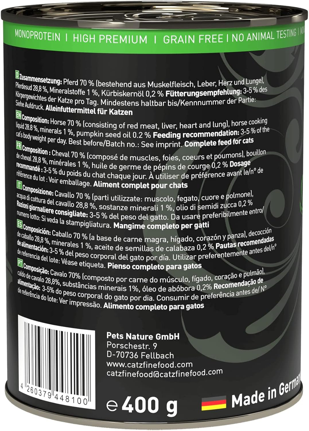 Nourriture humide pour chats Catz Finefood Purrrr Horse Monoprotein no. 123, pour chats à digestion sensible, 70% de viande, 6 boîtes x 400 g