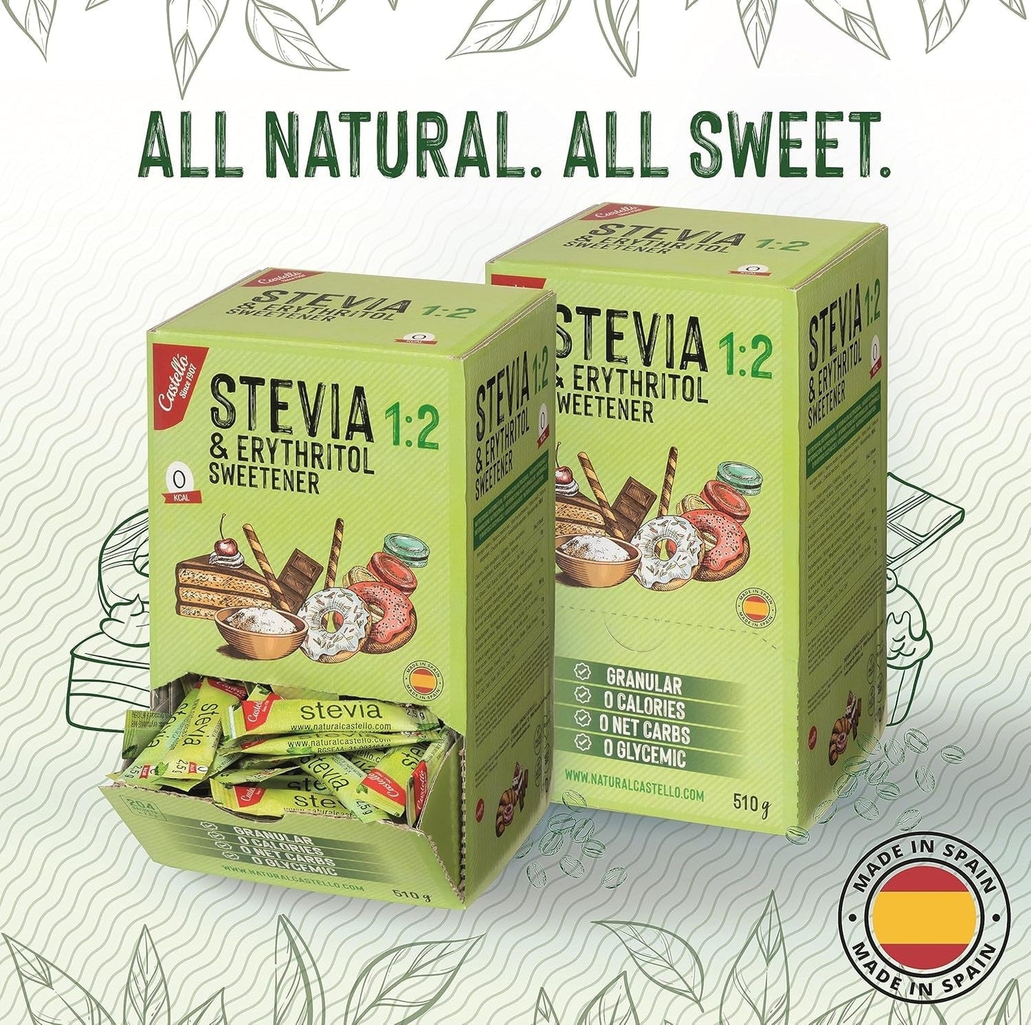 Stevia + Erythritol 1:2 Tissu doux | 204 Sac Mythe 2,5 G | Ingrédients 100% naturels - 0 calories - 0 indice glycémique - Keto et Paleo - 0 Kohlenhydrate - Kein GVO - Castello depuis 1907-510 G Édulcorants Naty Shop
