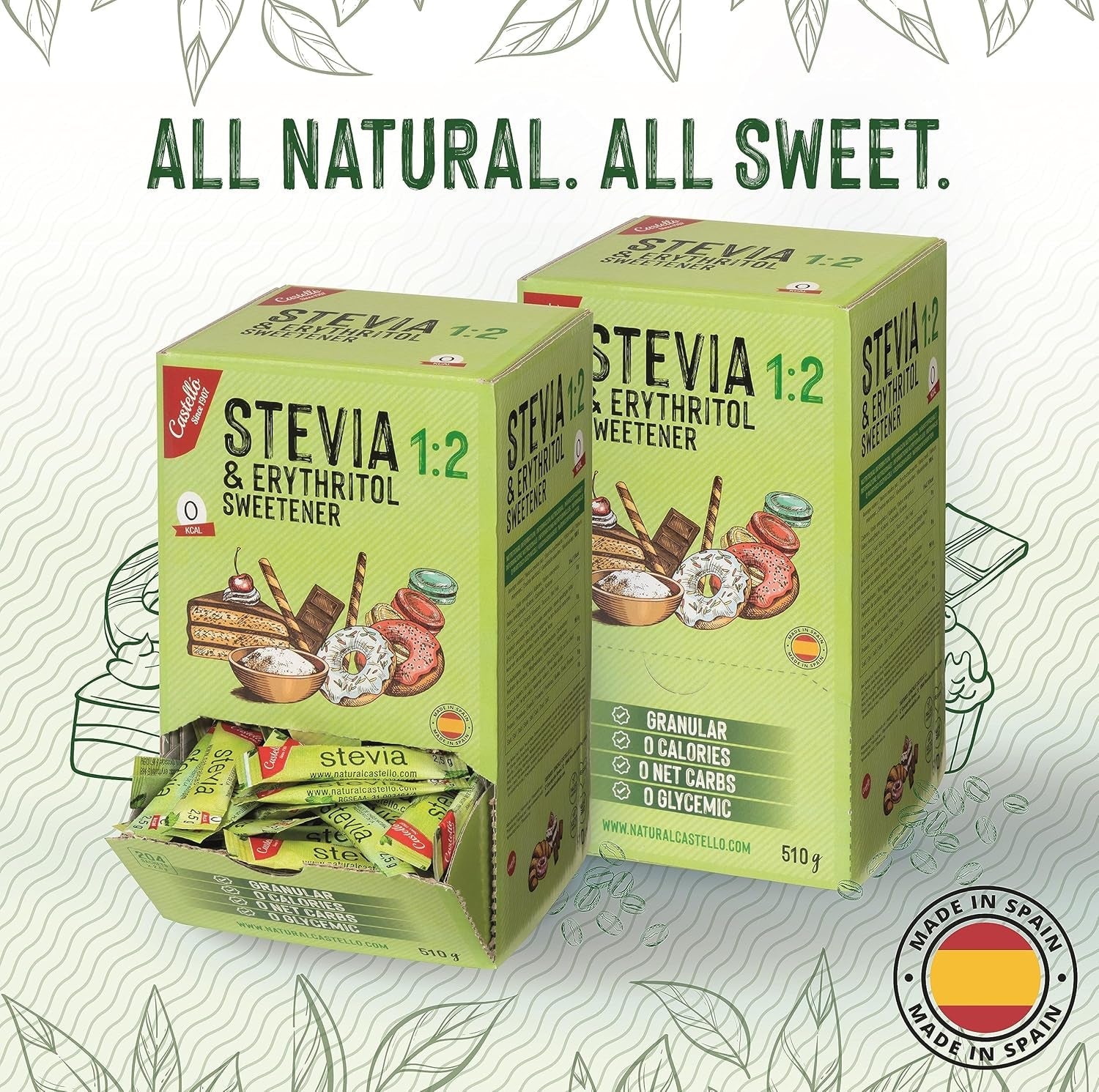 Stevia + Erythritol 1:2 Tissu doux | 204 Sac Mythe 2,5 G | Ingrédients 100% naturels - 0 calories - 0 indice glycémique - Keto et Paleo - 0 Kohlenhydrate - Kein GVO - Castello depuis 1907-510 G Édulcorants Naty Shop