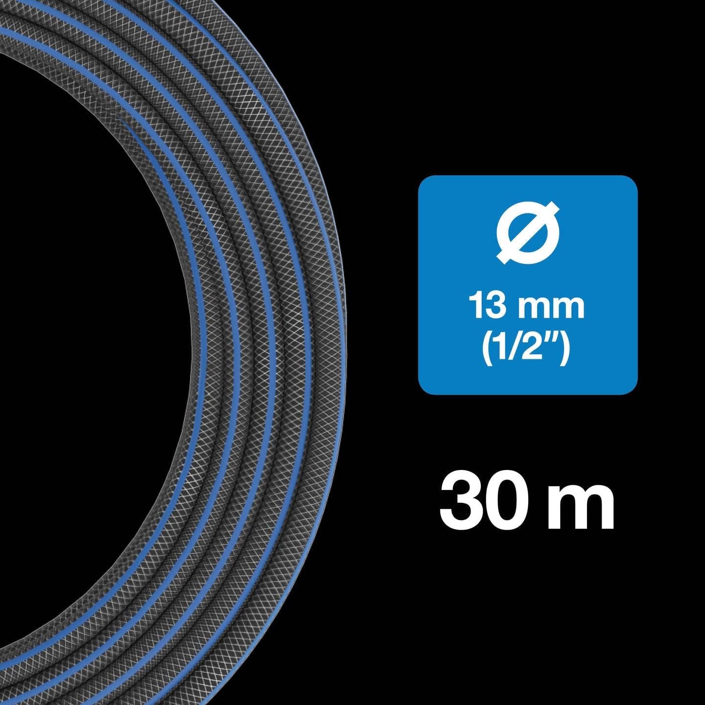 Fiskars L Tuyau d'eau, Protection UV, Testé sous pression, Rigidité en torsion 4 (sur 5), 30 m, Ø 1,3 cm (1/2"), 4,2 kg, Noir/Orange/Bleu, 1027105