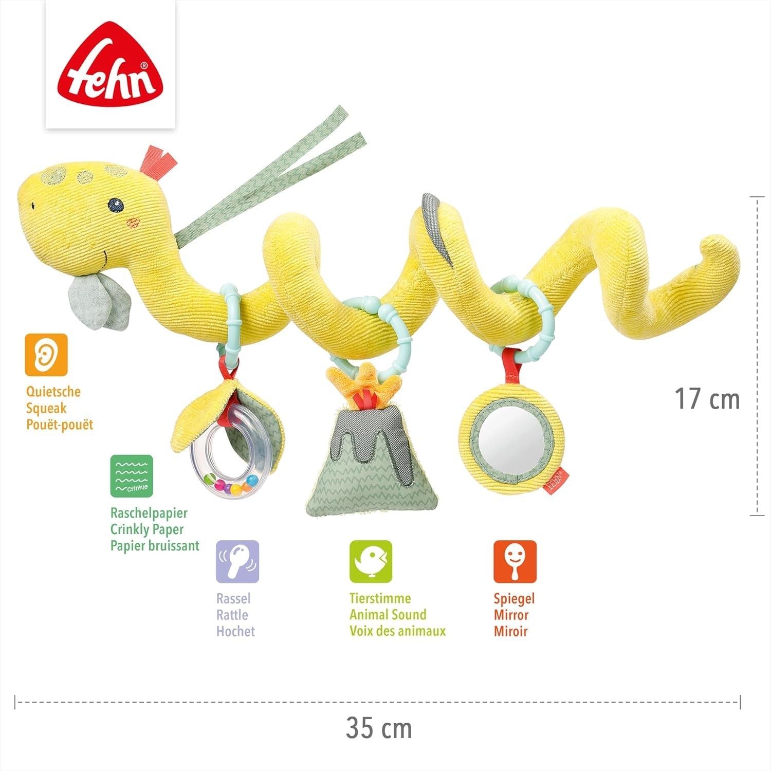 Fehn Activity Spiral Dino - jouet pour poussette à pousser et à tirer - jouet bébé dinosaure pour lit, aire de jeux, landau et siège auto - jouet d'activité motrice pour bébés et jeunes enfants à partir de 0 mois Baby Toys Naty Shop