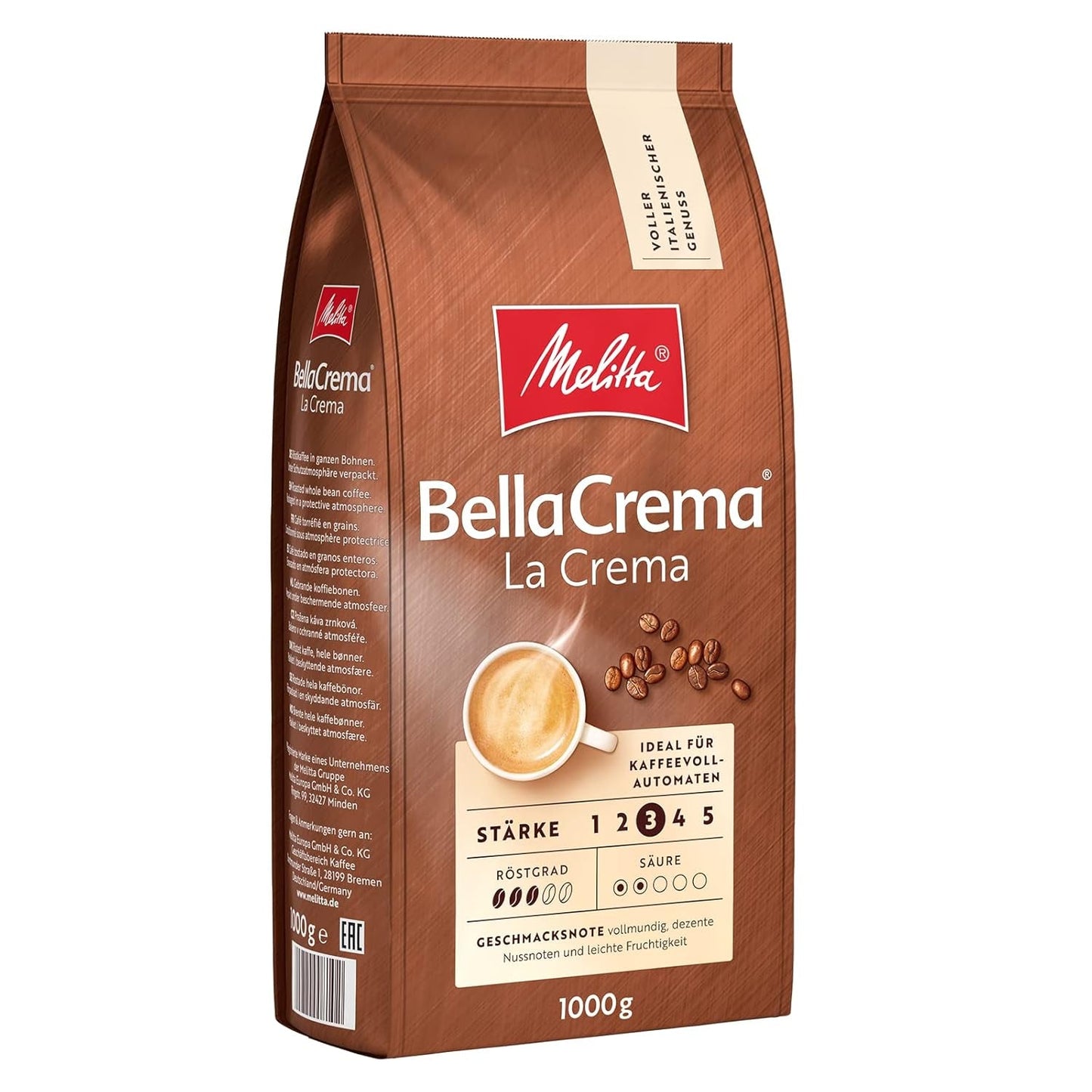Café en grains Melitta BellaCrema La Crema 1kg et café en grains décaféiné BellaCrema Decaffeinato 1kg