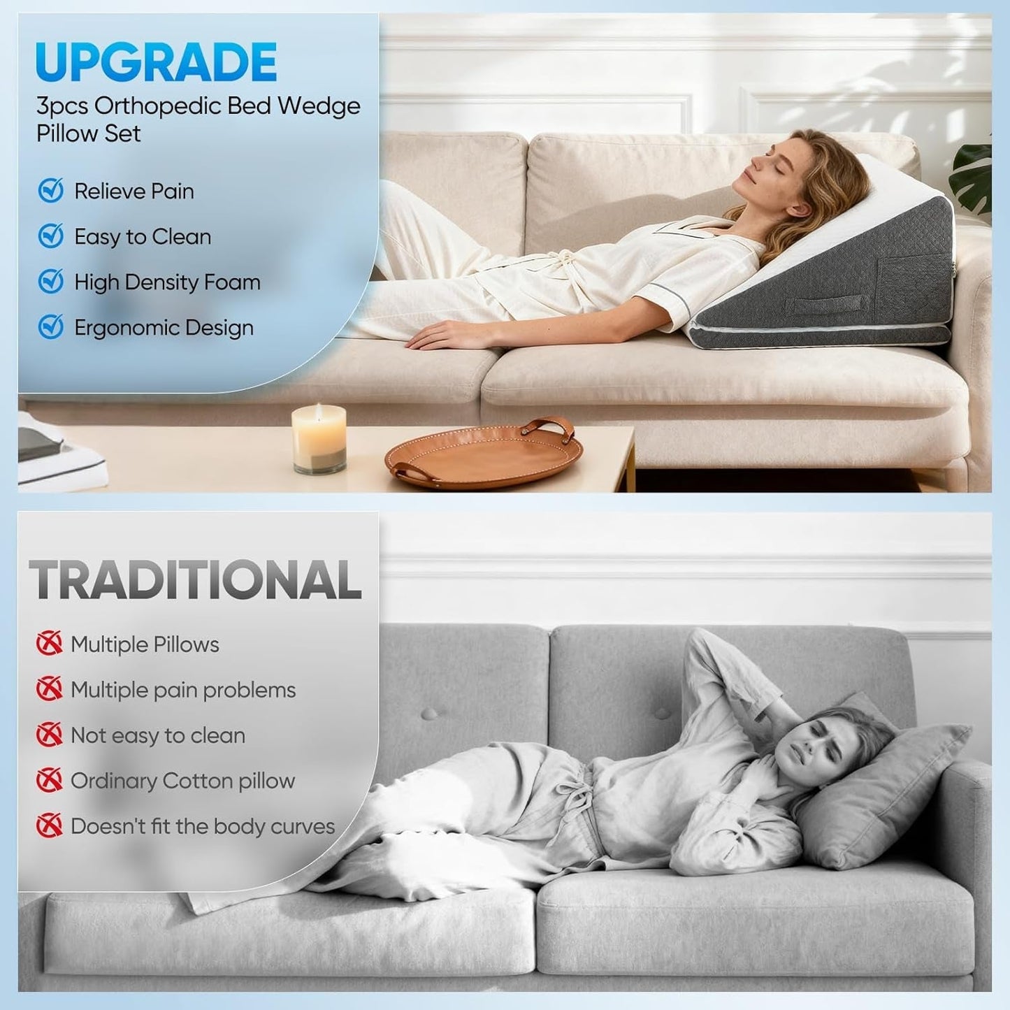 Oreiller en plumes pour lit et canapé, L50xL50xH26 Oreiller de lecture double avec housse lavable, mousse à mémoire de forme, pour ronfler et pour plus de confort au niveau du cou et du dos