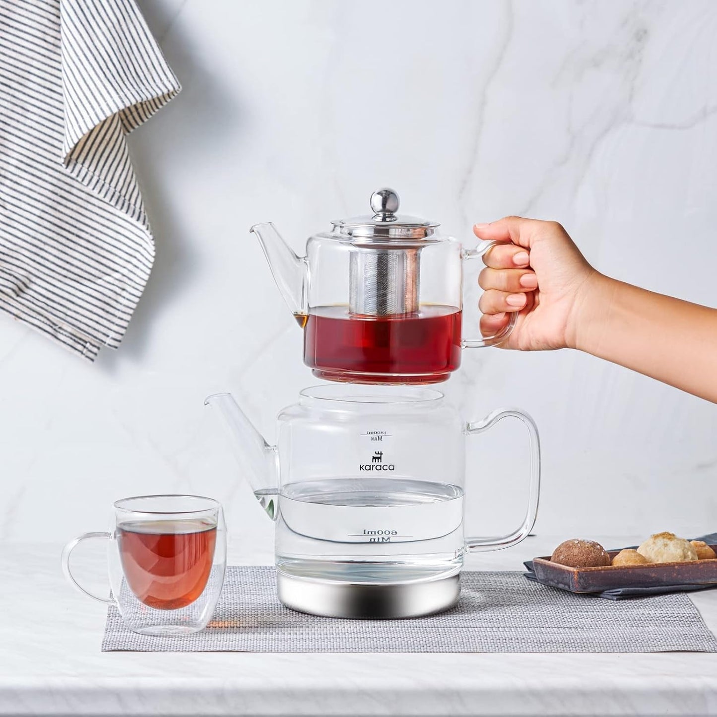 Karaca Dora Bouilloire en verre borosilicate avec infuseur à thé en acier inoxydable, bouilloire 2 L et bouilloire en verre 1 L avec infuseur, bouilloire turque, Caydanlik, machine à tisane turque, thé en vrac, XL