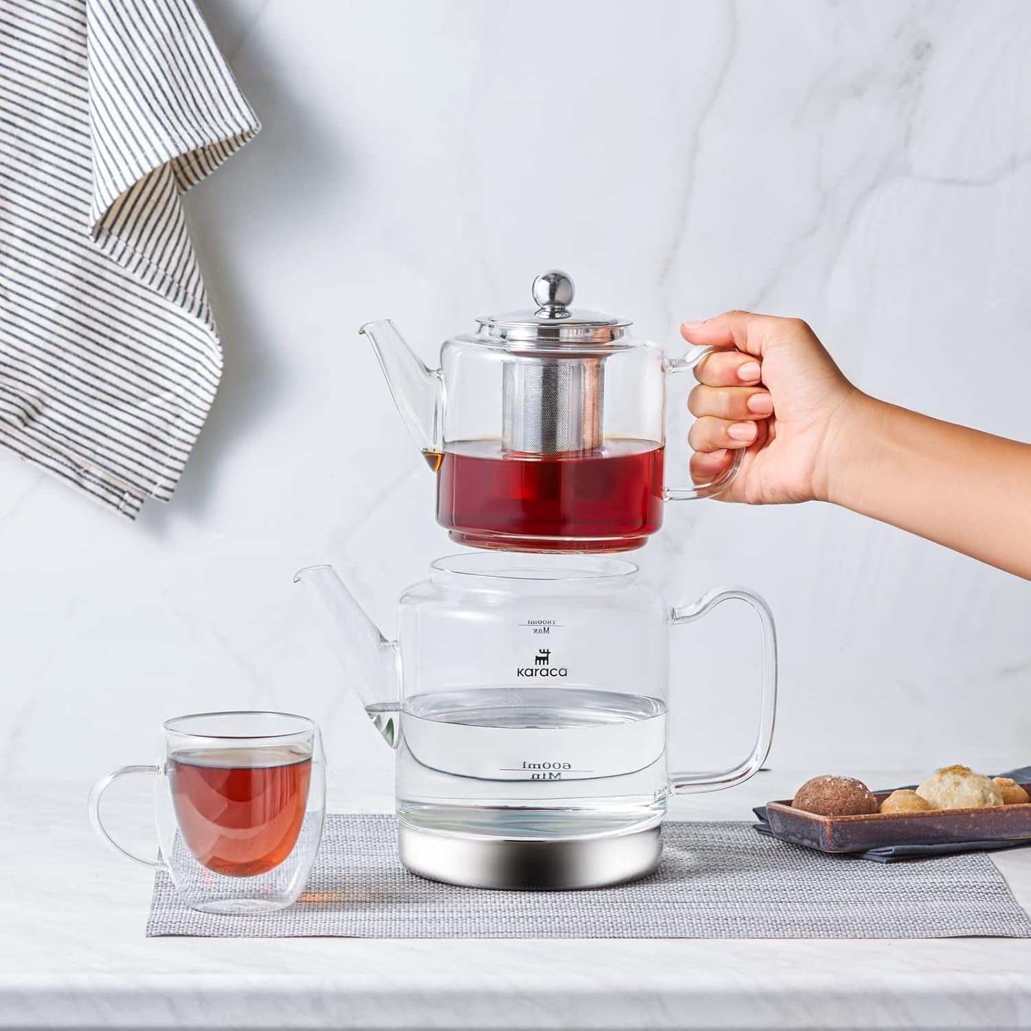 Karaca Dora Bouilloire en verre borosilicate avec infuseur à thé en acier inoxydable, bouilloire 2 L et bouilloire en verre 1 L avec infuseur, bouilloire turque, Caydanlik, machine à tisane turque, thé en vrac, XL