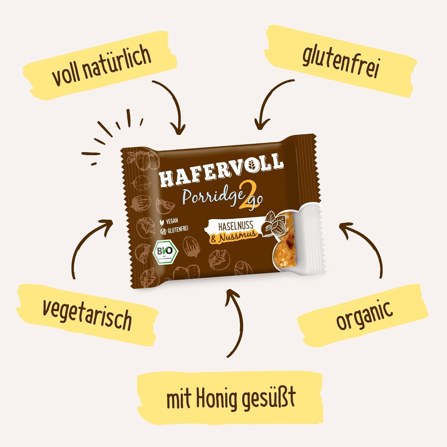 Hafervoll Porridge2go Beurre de cacahuète et noix, 13 barres x 55 g - Snack végétalien, biologique, sans gluten, sans sucre ajouté, avec avoine, dattes et bonbons au quinoa