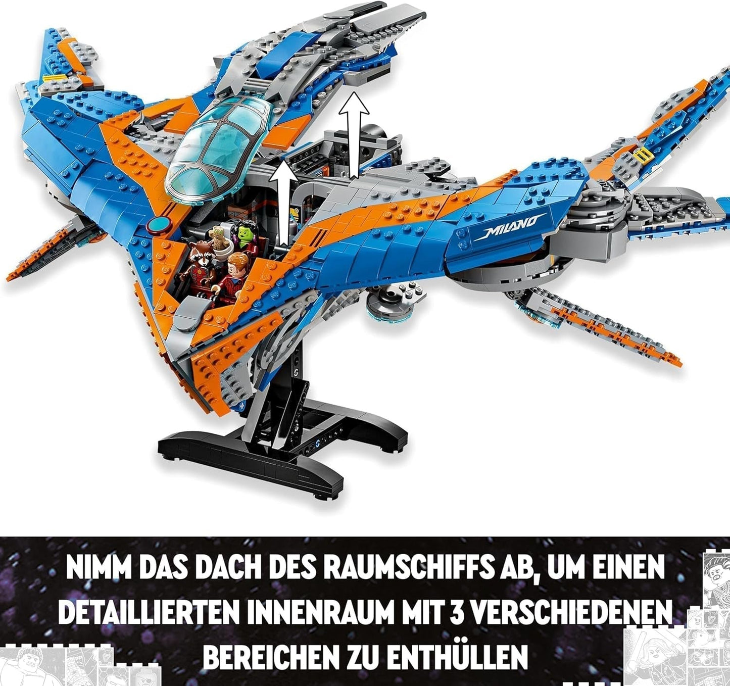 LEGO Marvel Les Gardiens de la Galaxie : le modèle de vaisseau spatial de construction Milano avec 4 figurines de super-héros Avengers Flyer pour les aventures spatiales Cadeau pour garçons et filles 76286 Jeux de construction Beuche den LEGO-Store