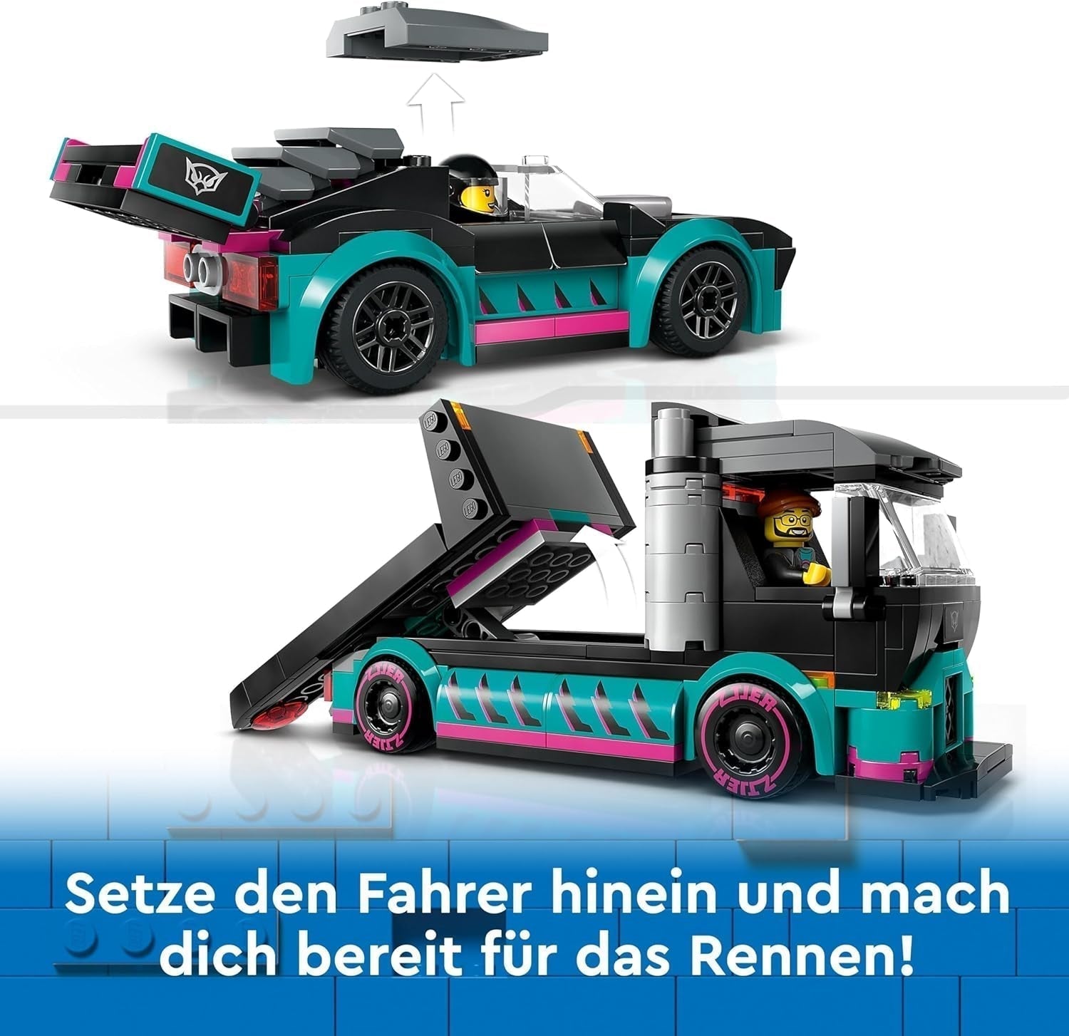 LEGO City Car Transporter avec voiture de course, camion jouet avec rampe de chargement réglable et voiture de course, jeu de construction avec 2 figurines, pilote de course et chauffeur de camion, pour les enfants à partir de 6 ans 60406 Jeux de construction Besuche den LEGO-Store