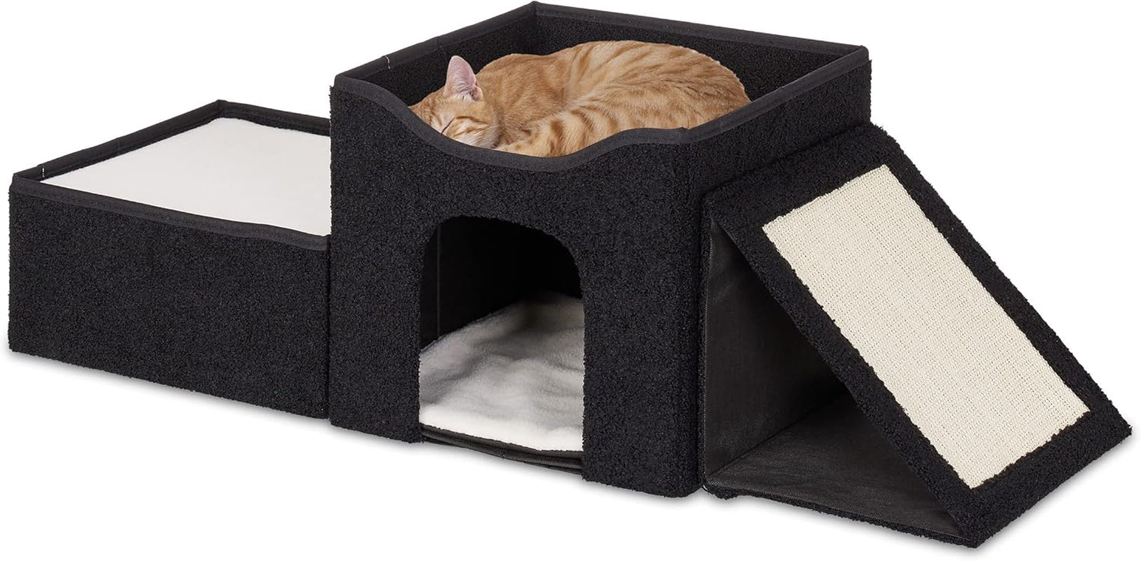 Relaxdays Katzenhöhle, pliable, 3 Liegeplätze, Katzenhaus mit Kratzfläche, HBT: 36,5x112x41 cm, Katzenversteck, schwarz