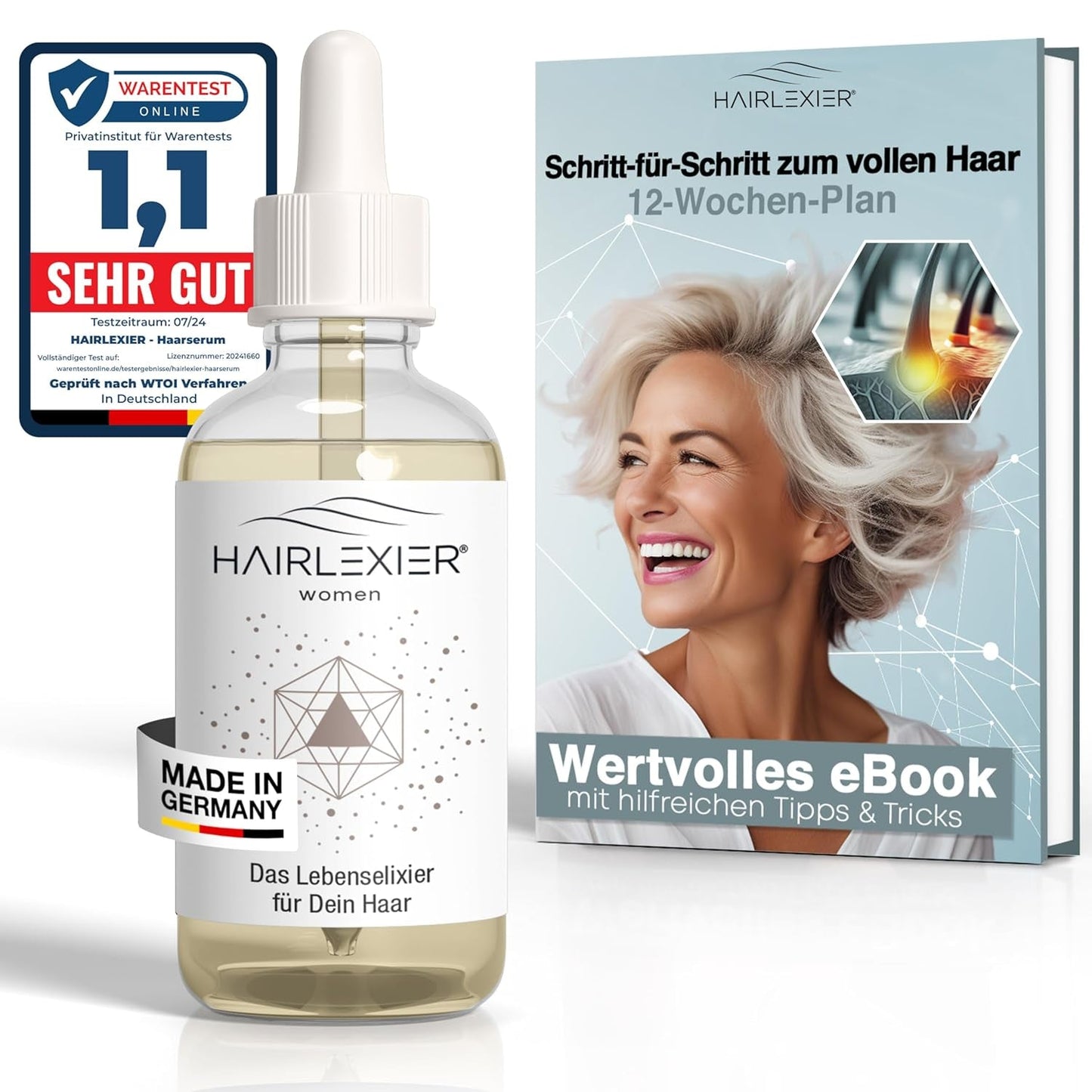 Hairlexier Remède pour la croissance des cheveux pour femme - Huile capillaire au romarin, huile capillaire à l'huile de ricin, huile de lavande, sérum capillaire naturel contre la chute diffuse des cheveux, soutient la croissance des cheveux, végétalien et biologique + Cahier de soins capillaires Naty Shop Women