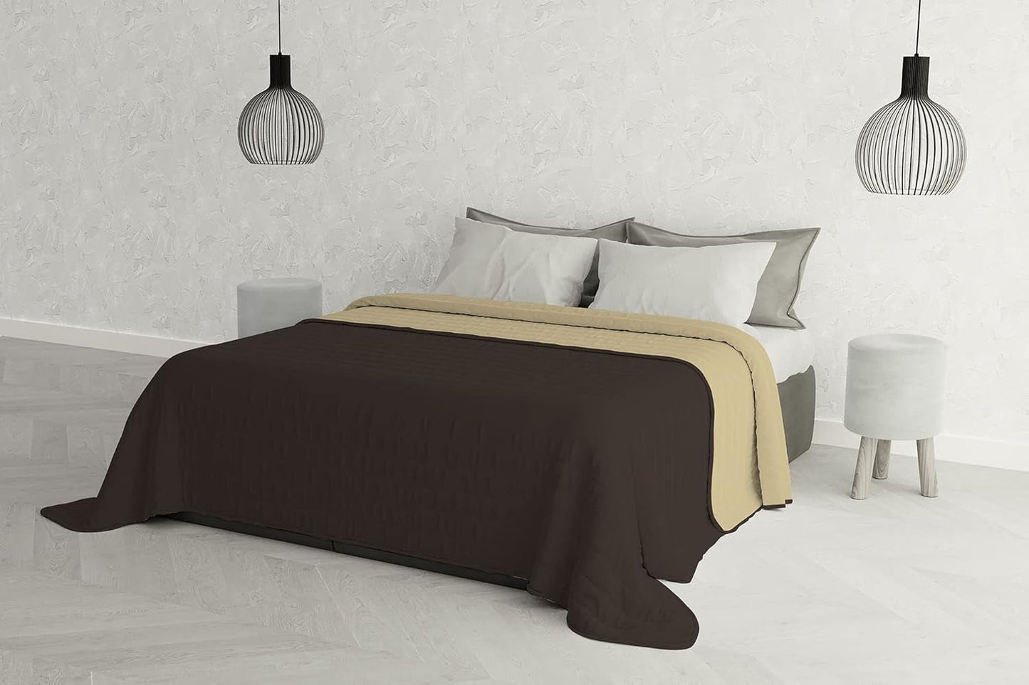 Couverture élégante pour lit double 260 X 270 Cm, bleu foncé/vert pomme, lits et couvertures Besuche den Italian Bed Linen-Store Marrone/panna