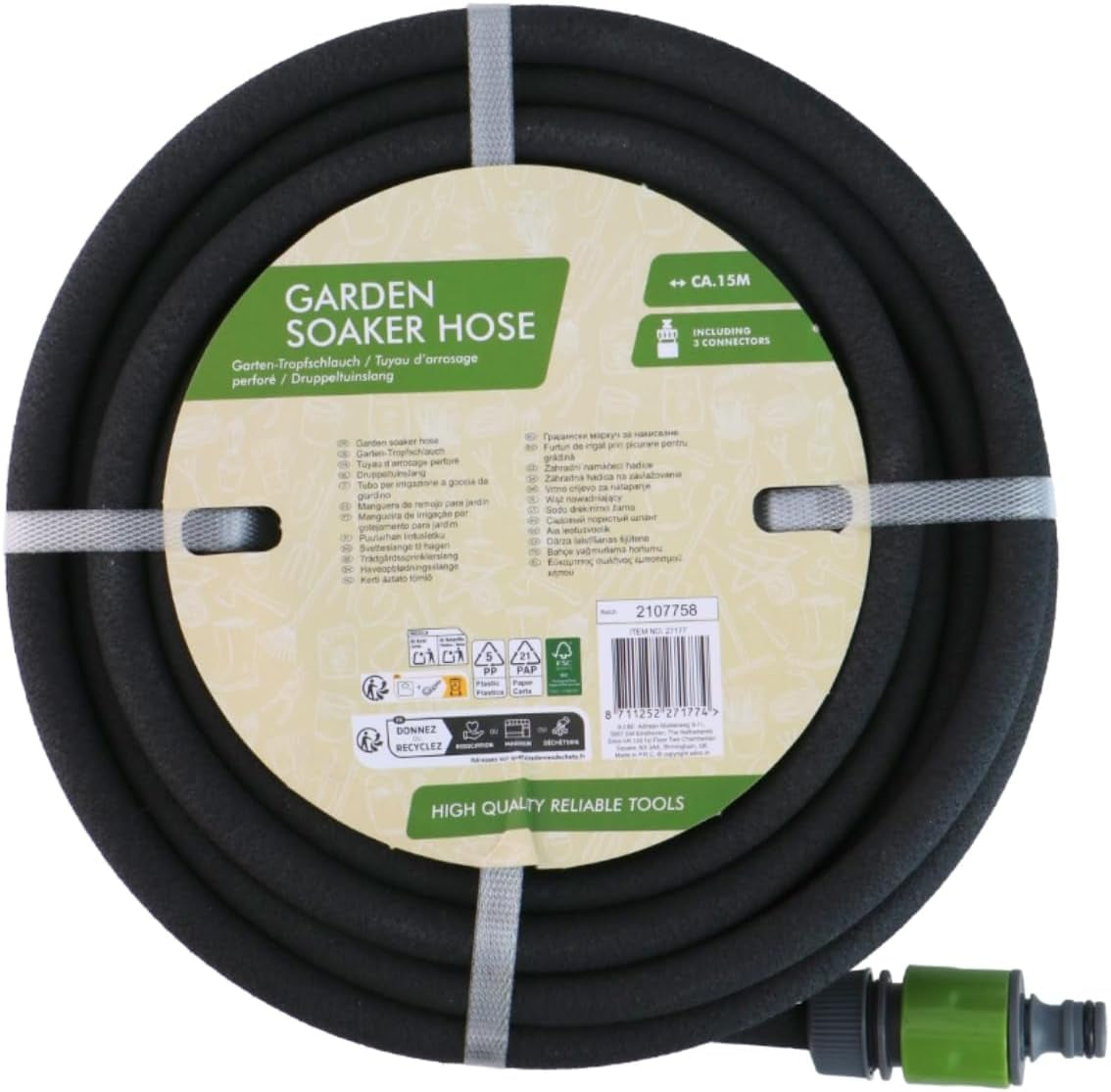 Kinzo Tuyau d'arrosage 15M Ø14mm - Tuyau d'arrosage à 3 Coupleurs - Tuyau d'arrosage à économie d'eau pour systèmes de pulvérisation - Tuyau Noir