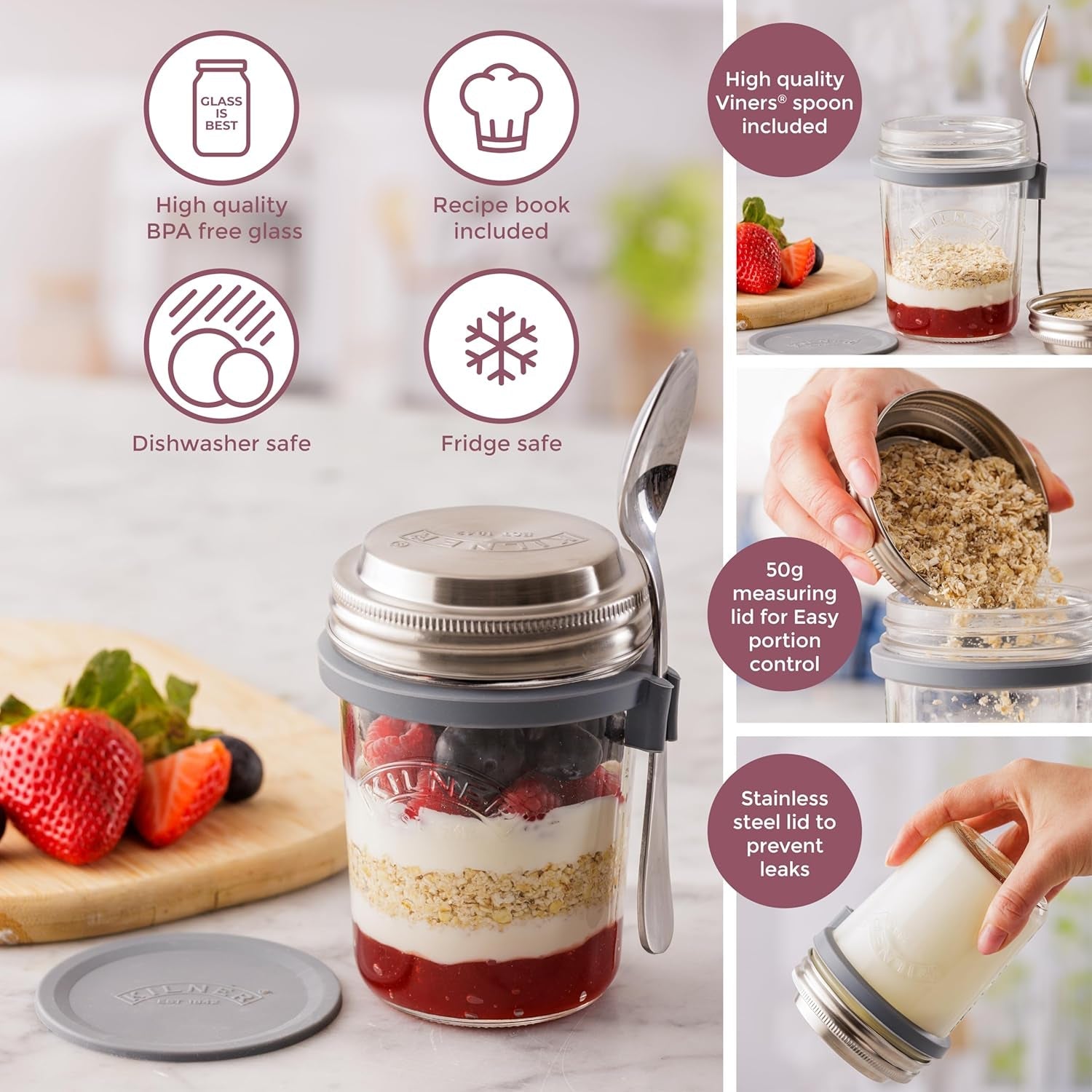 Pot de petit-déjeuner Kilner avec cuillère / 350 ml, Ø 9,5 cm / 5 pièces | tasse de muesli à emporter / non toxique / récipient en verre avec couvercle pour muesli, porridge et yaourt / contenant d'avoine pour la nuit Naty Shop Boîtes de conservation des aliments