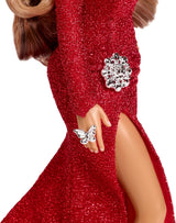 Barbie Mariah Carey - Poupée de collection avec robe rouge scintillante, volants, fente, boucles charmantes, accessoires argentés, talons hauts rouges, tradition de Noël, décoration, HJX17