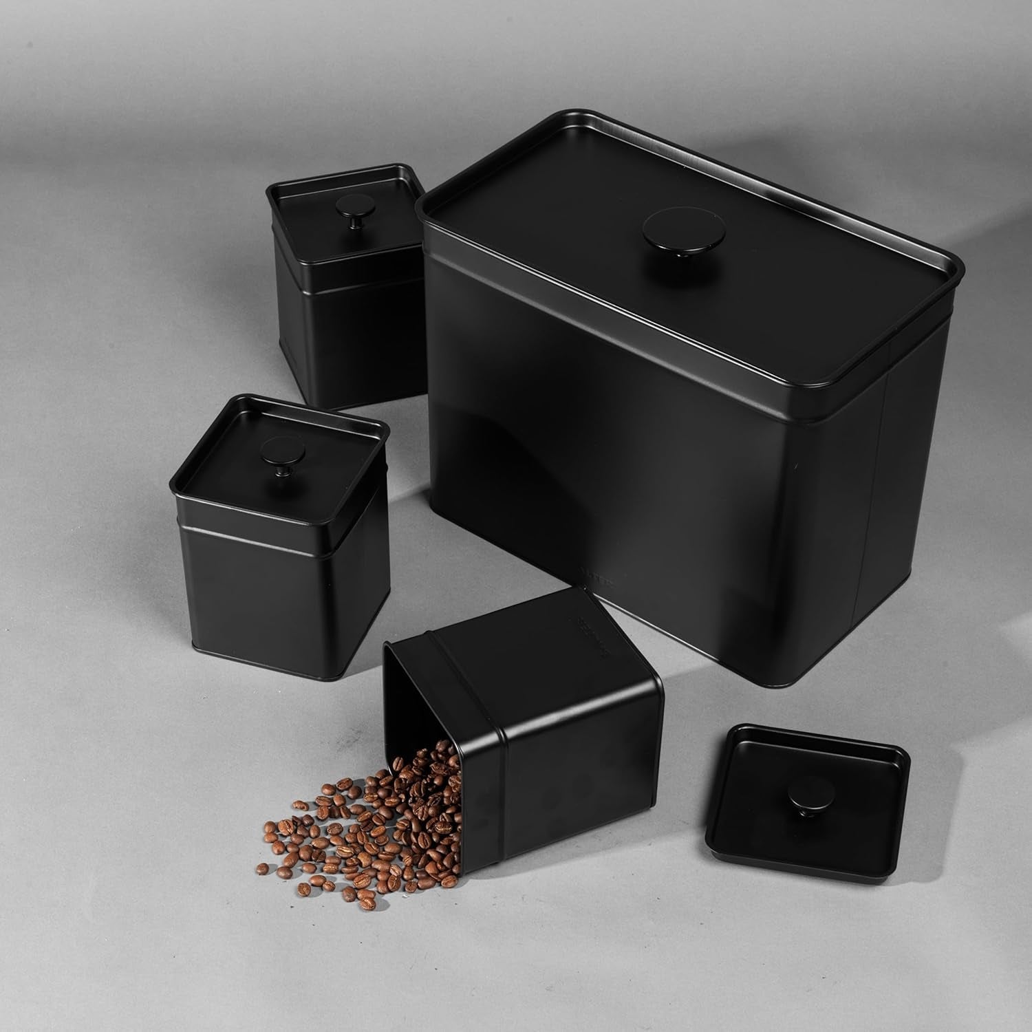 Salter BW12614EU7 Kuro Boîte de Rangement - 4 Récipients de Cuisine Pain/Thé/Café/Sucre Boîtes de Rangement Carrées Facile à Nettoyer Garder Les Aliments Frais Noir Boîtes de Rangement des Aliments Naty Shop