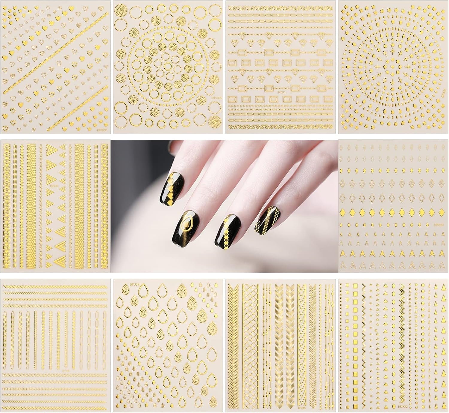 MWOOT 10 feuilles d'autocollants dorés pour ongles, autocollants pour nail art, autocollants 3D pour ongles, ensemble de bandes de lignes, décoration métallique DIY