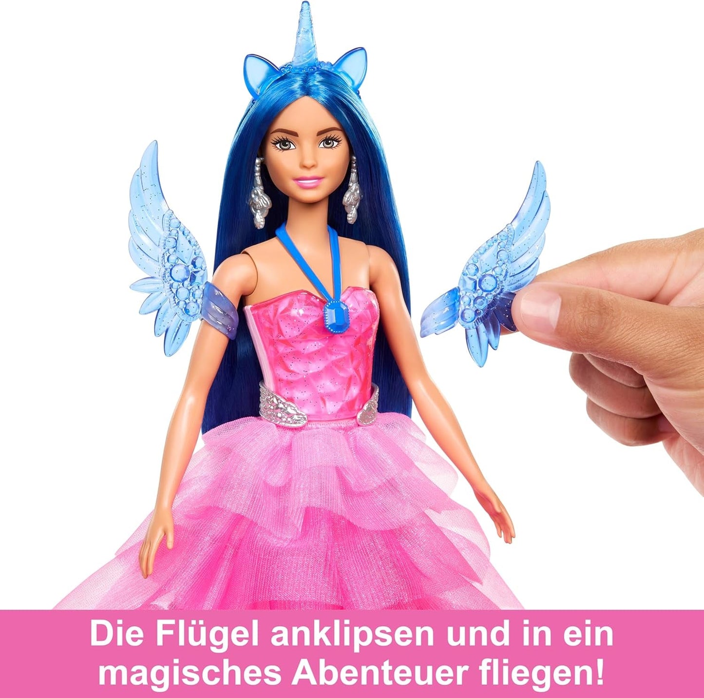 Barbie Hidden Magic - Poupée Licorne, Robe Rose avec Détails Bleu Saphir, Bandeau Licorne, Ailes et Queue Saphir Amovibles, 3 Ans et Plus, HRR16