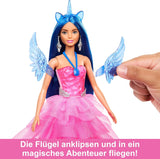 Barbie Hidden Magic - Poupée Licorne, Robe Rose avec Détails Bleu Saphir, Bandeau Licorne, Ailes et Queue Saphir Amovibles, 3 Ans et Plus, HRR16