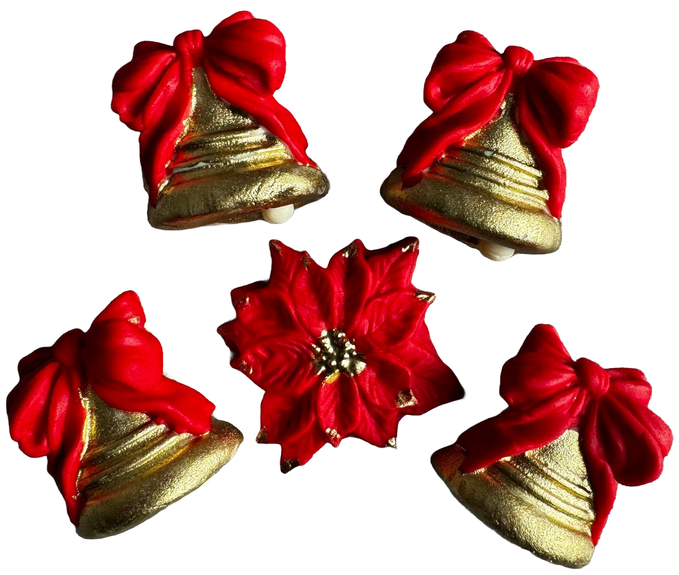 Lot de 5 décorations comestibles en pâte à sucre, Noël, cloches avec noeuds rouges Décorations en pâte à sucre Naty Shop