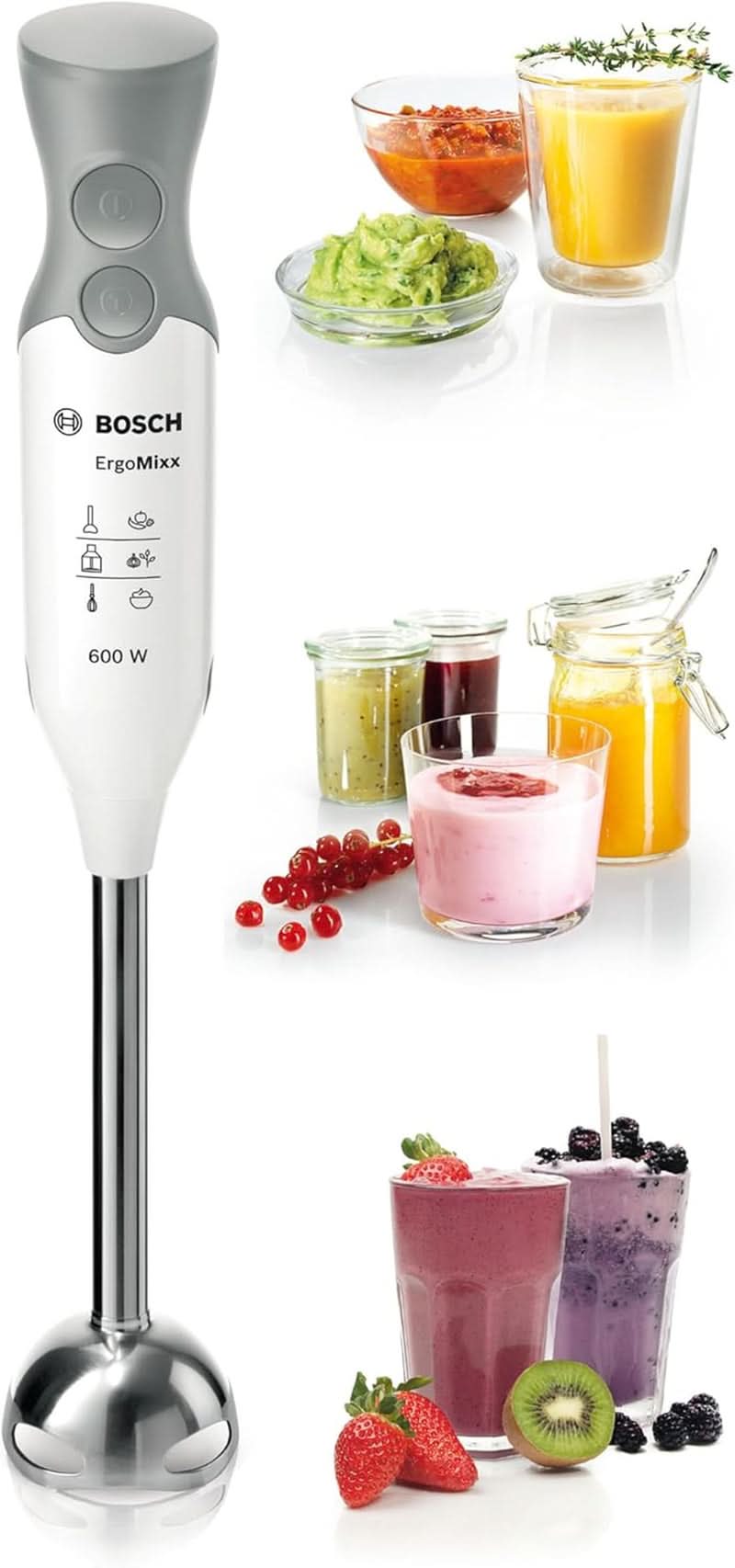 Bosch Stabmixer Ergomixx MSM66110, Edelstahl-Mixfuß, Mix- Und Messbecher, 2 Geschwindigkeitsstufen, Leichtes Gehäuse, 4-Klingen-Messer, Einfache Reinigung, 600 W, Weiß/Grau Kitchen Naty Shop