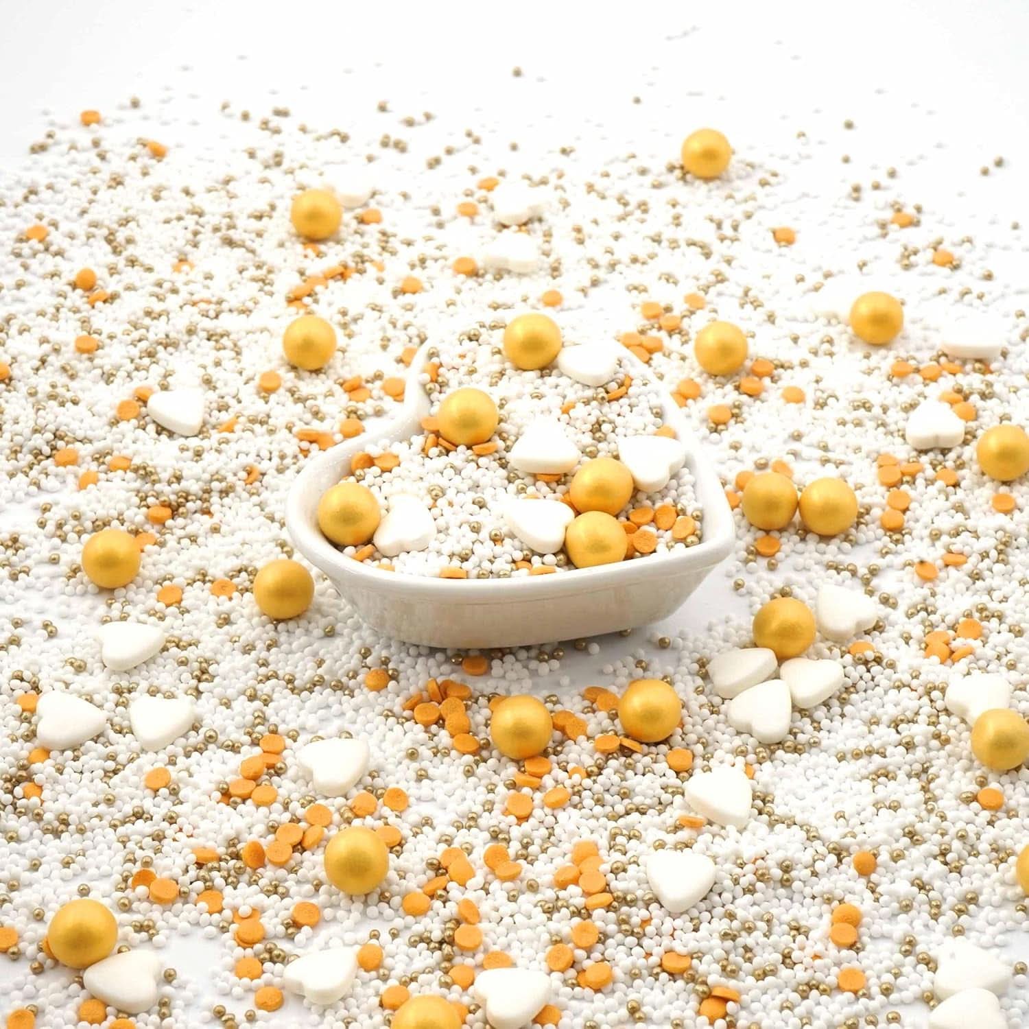 Streusel Glück, Sprinkles aux coeurs blancs et boules dorées, 40 grammes Sprinkles Naty Shop