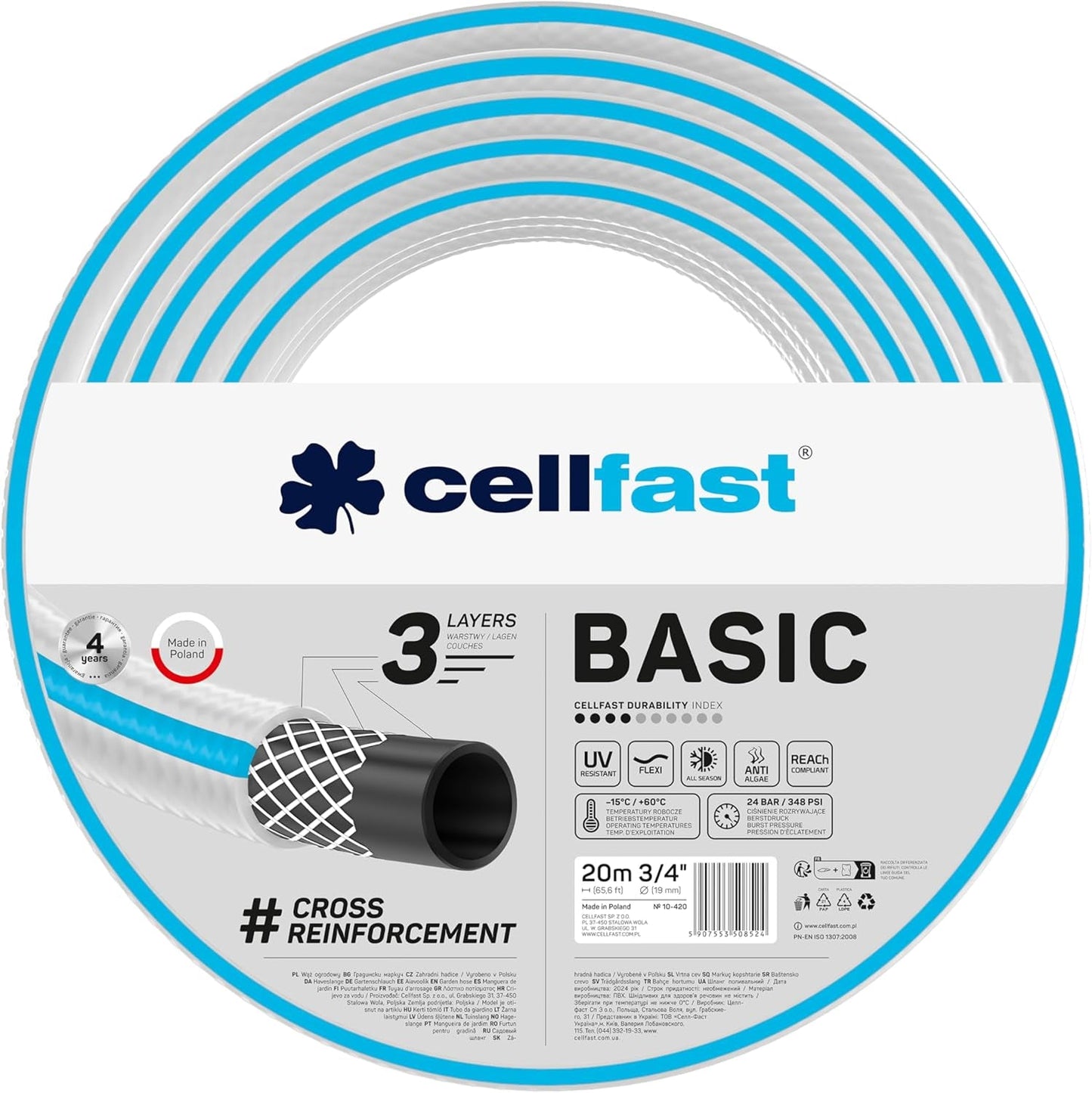 CELLFAST Tuyau d'arrosage, Tuyau d'arrosage de Jardin à 3 Couches, Tuyau d'irrigation Flexible renforcé de Fil Durable, résistant aux UV, Anti-algues, 3,4 Pouces, Longueur de 20 mètres