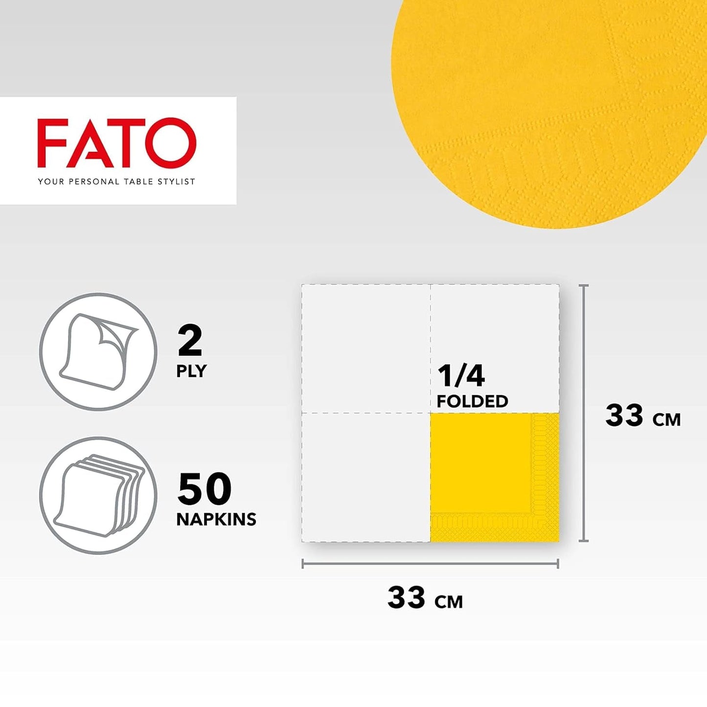 , Serviettes en papier jetables, idéales pour les déjeuners et buffets décontractés, paquet de 50 serviettes, taille 33 x 33, 4 plis, 2 épaisseurs, jaune, papier 100 % pure cellulose, certifié FSC