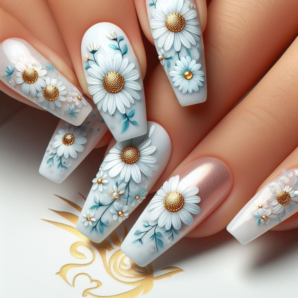 24 pièces presse longue sur les ongles cercueil ongles artificiels fleur de papillon ongles adhésifs blanc marron ensemble d'ongles en acrylique conseils d'ongles femmes printemps été accessoires pour ongles