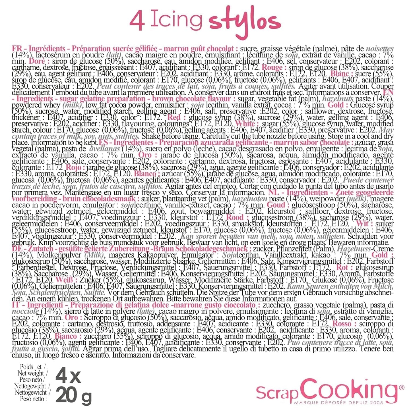 Scrapcooking - Marqueurs 4 pièces : or, chocolat, blanc et rouge - feutres comestibles décoratifs pour écrire et dessiner sur desserts, gâteaux et biscuits